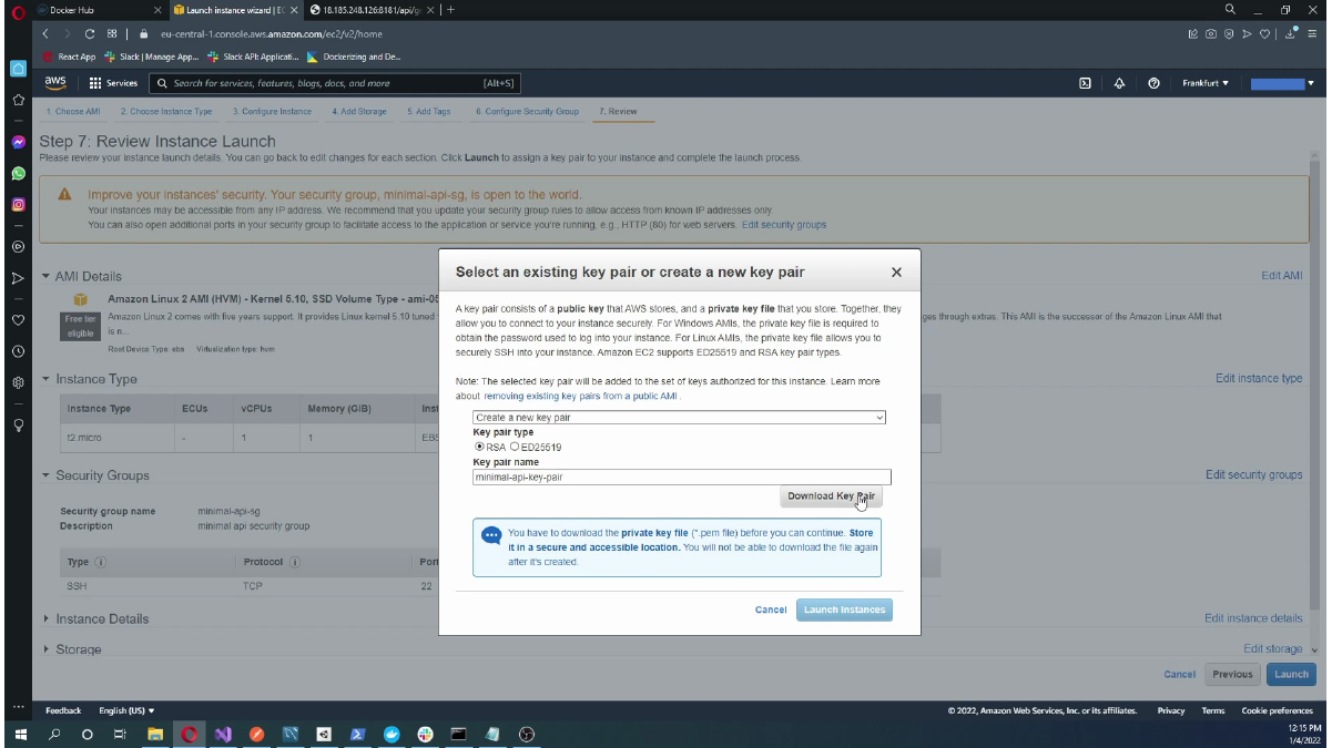 Downloading the EC2 private key pair file