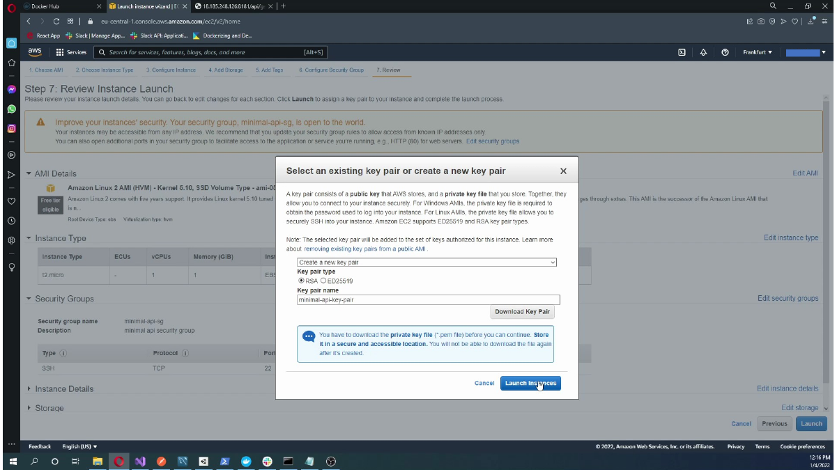Confirming launch after selecting the key pair