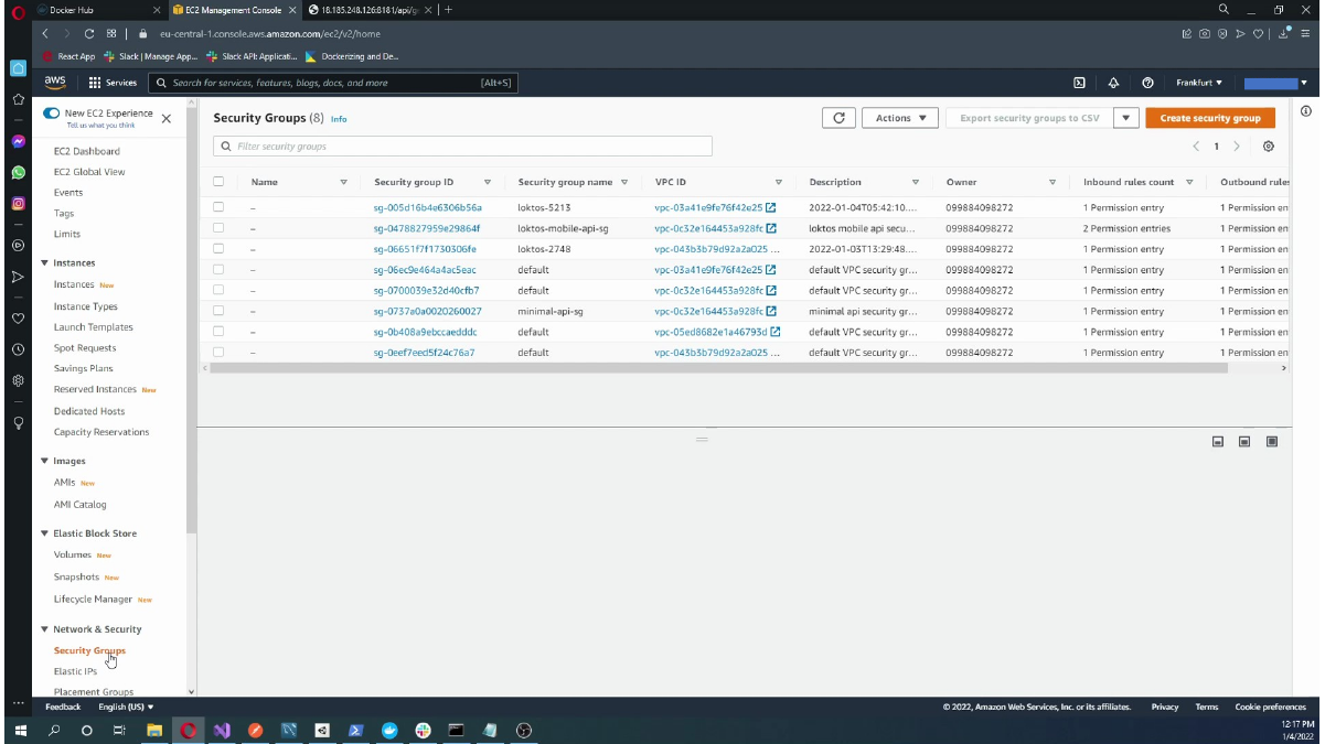 Opening the EC2 security groups list