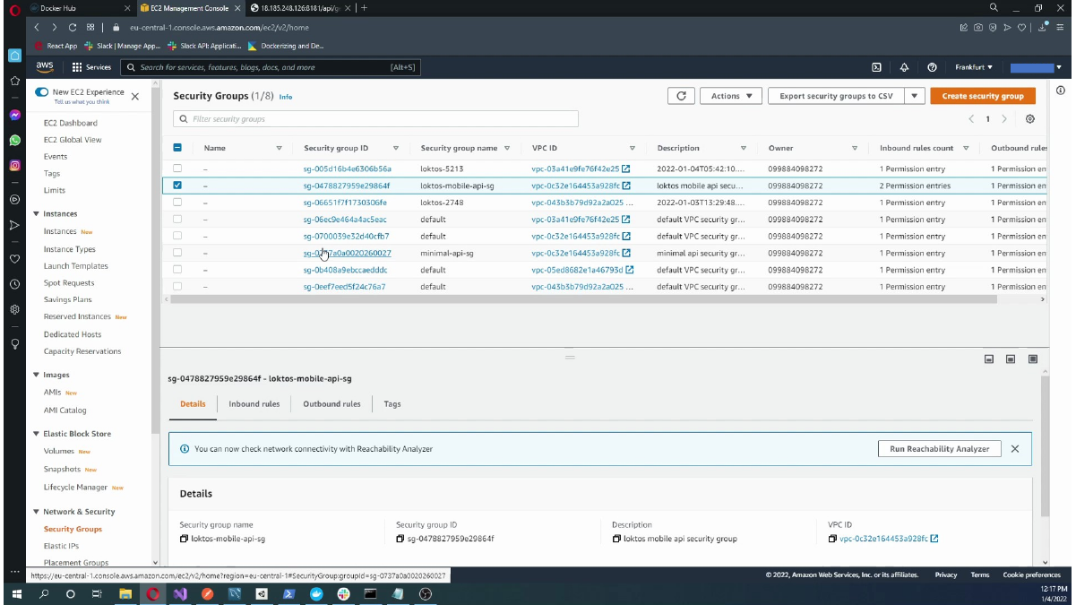 Viewing inbound rules for the selected EC2 security group