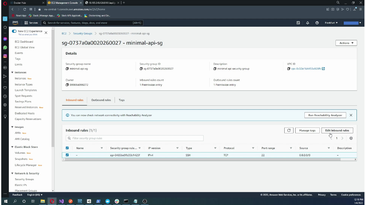 Reviewing the security group details and inbound rules
