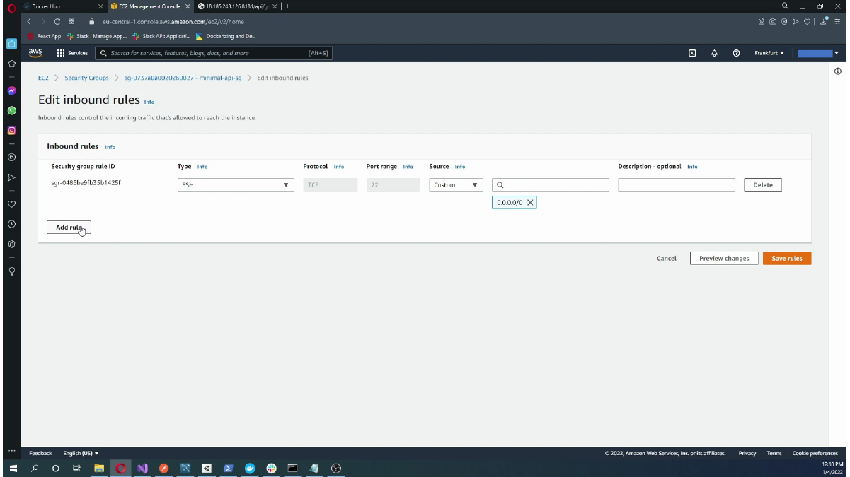Editing inbound rules for the EC2 security group