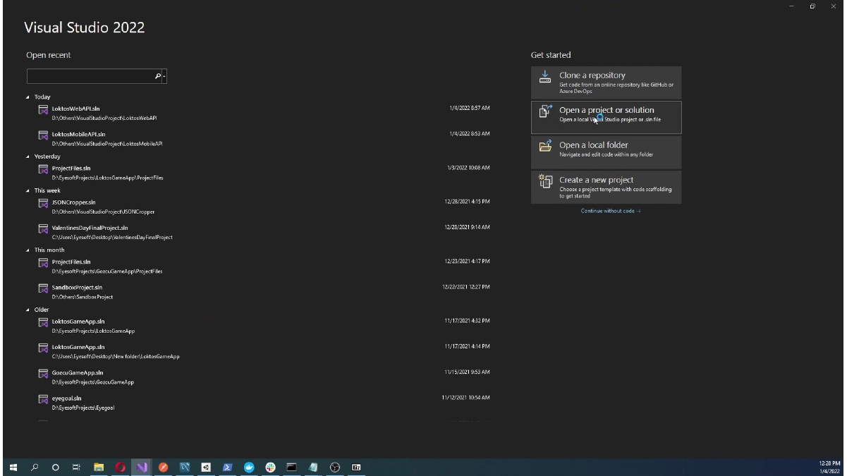 Opening Visual Studio to work on the ASP.NET Core Web API project