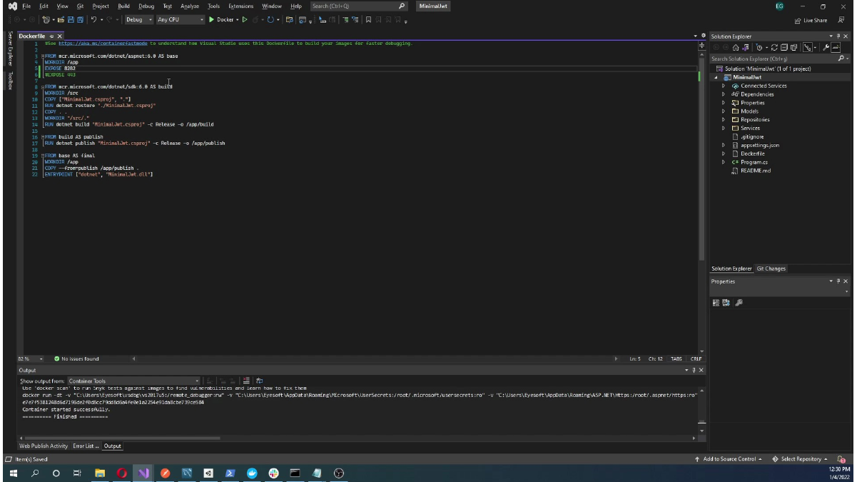 Reviewing the generated Dockerfile in Visual Studio