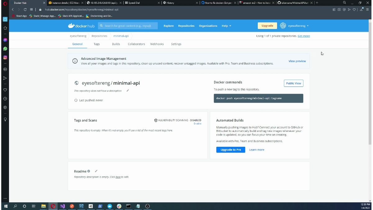 Viewing the created Docker Hub repository details