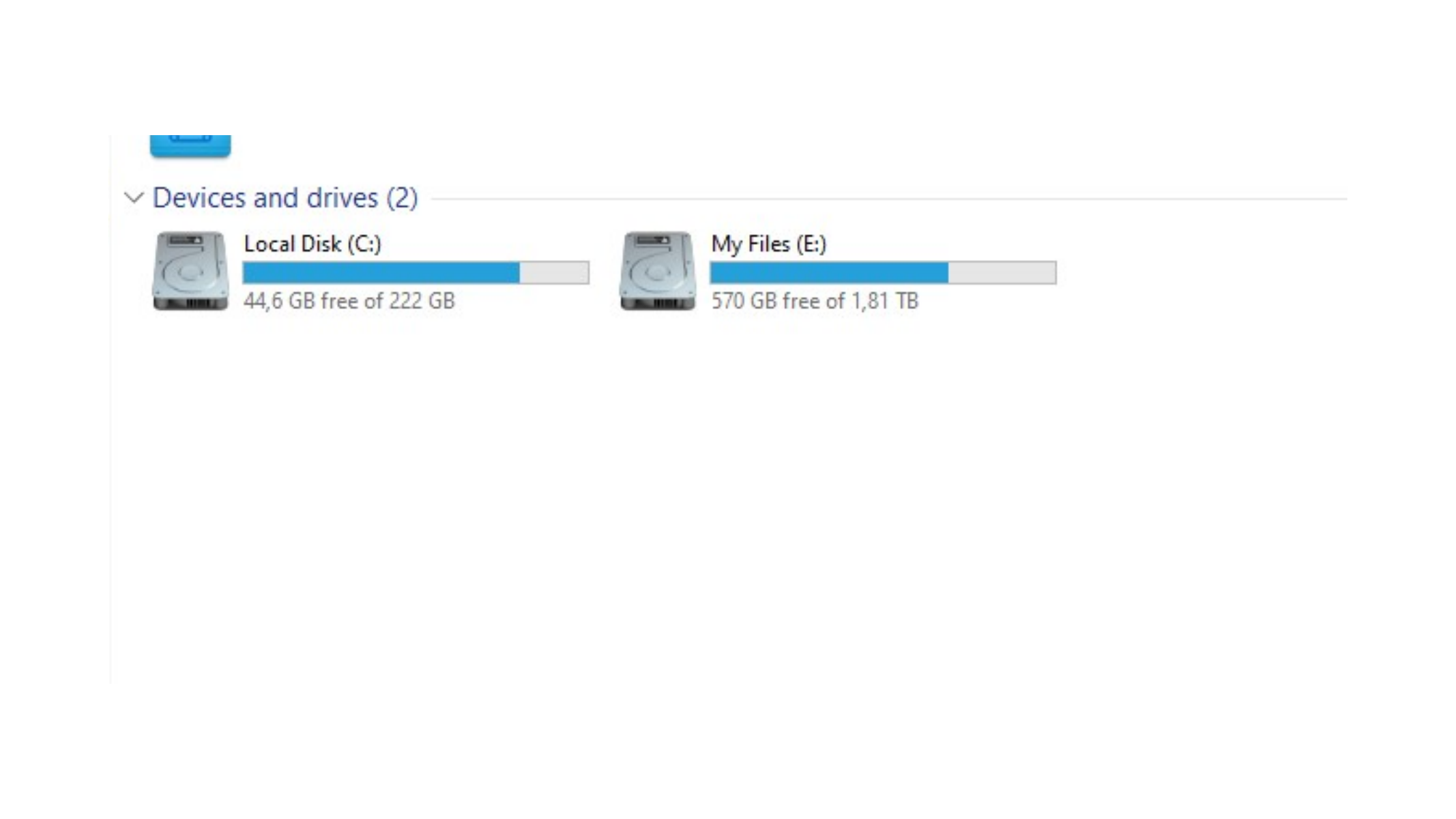 Windows drives showing limited C drive space and larger secondary drive space