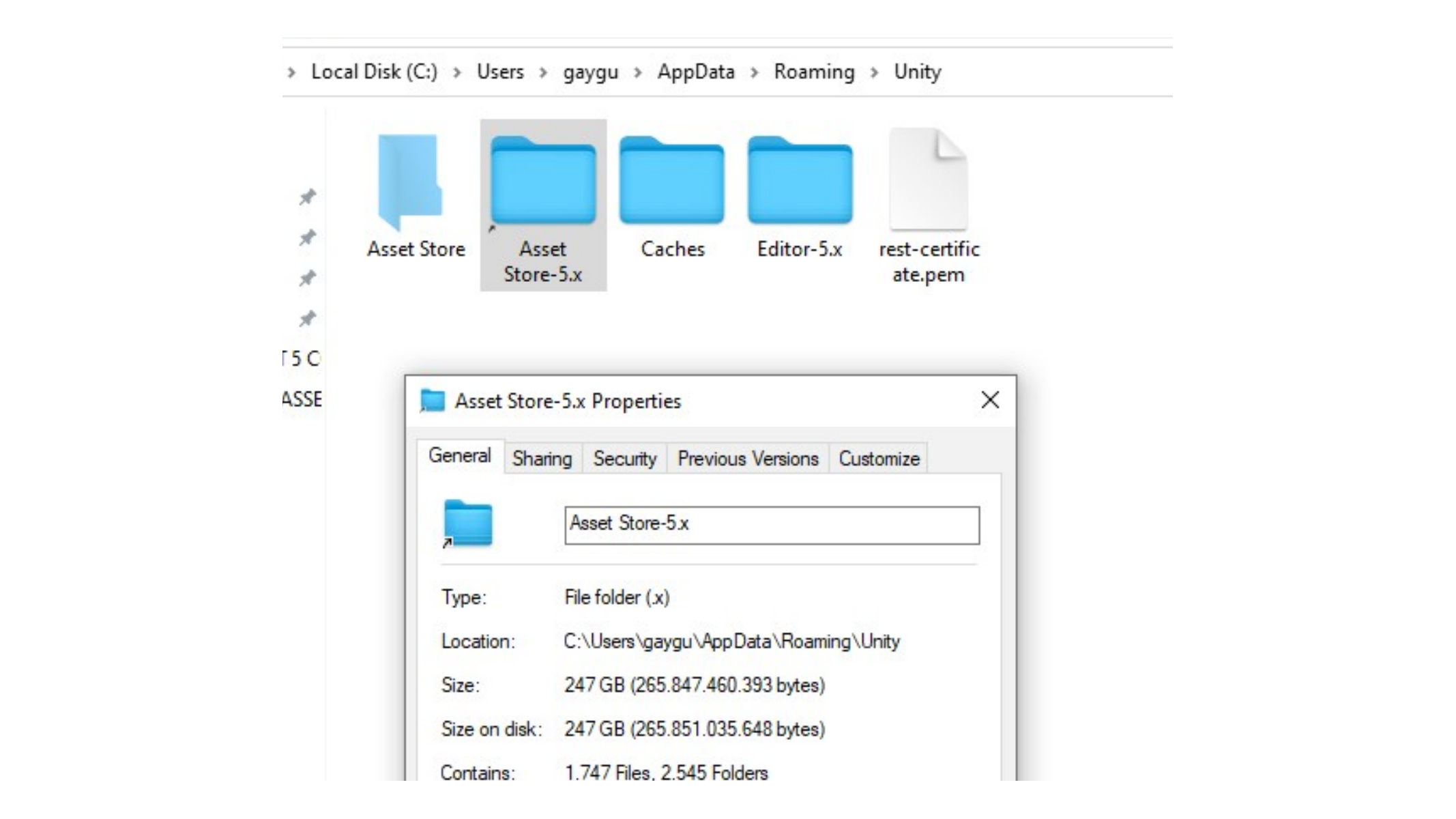 Default Unity Asset Store folder under AppData