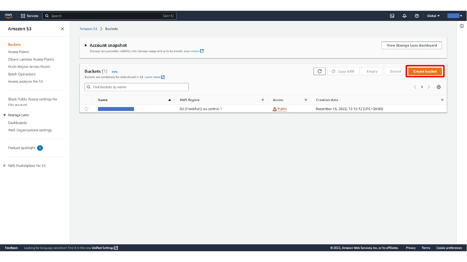 Opening the Amazon S3 bucket list and starting bucket creation