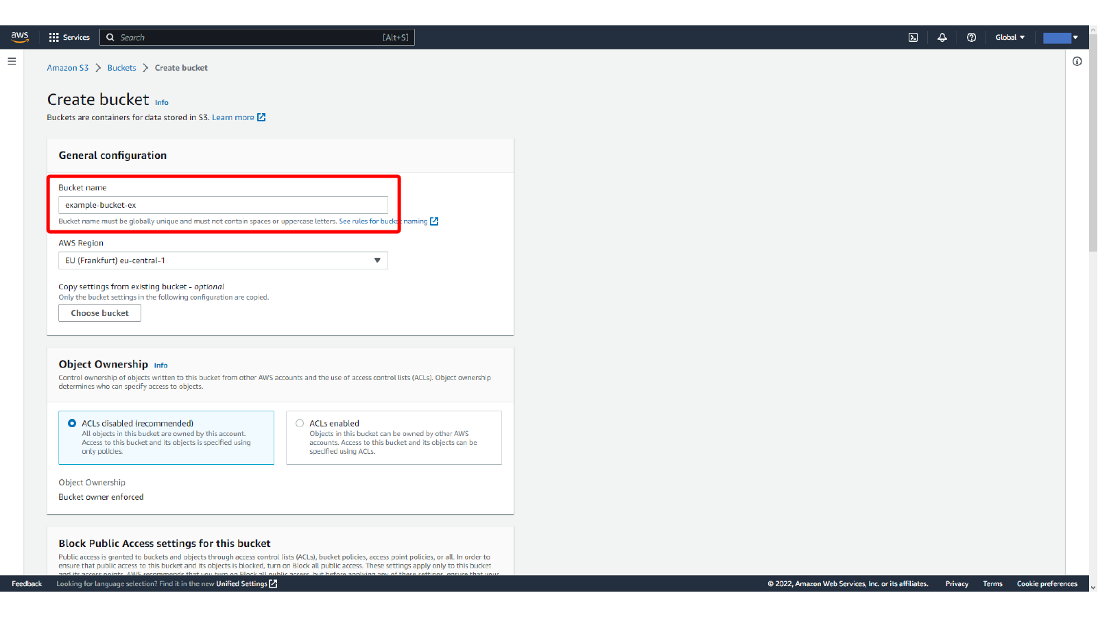 Entering an S3 bucket name and selecting the AWS region