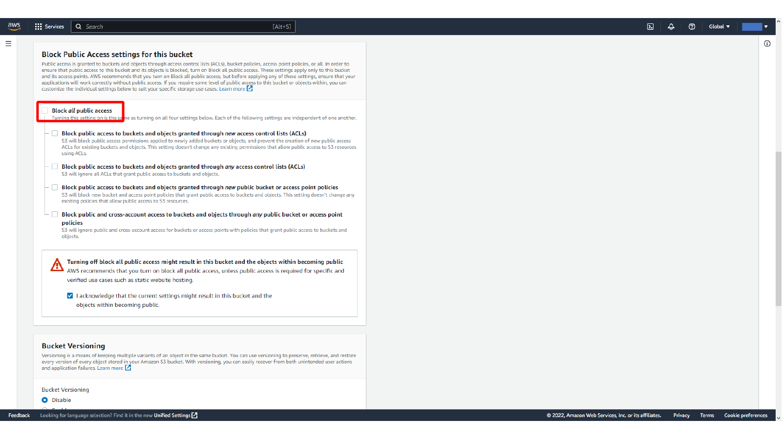 Turning off Block all public access for a public S3 bucket test