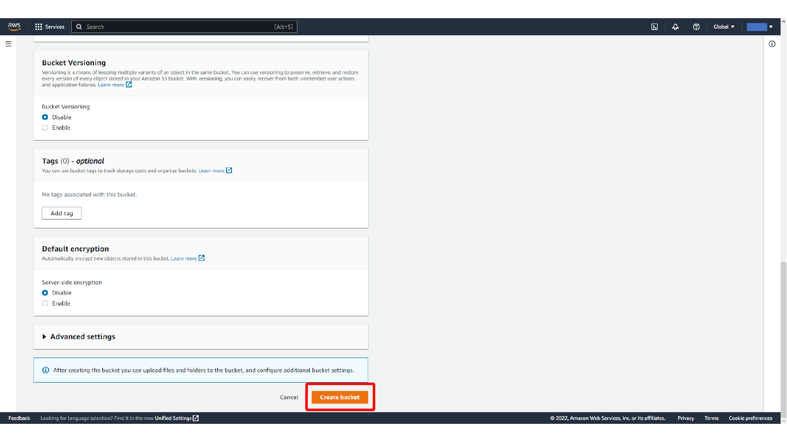 Reviewing bucket versioning, tags, encryption, and creating the S3 bucket