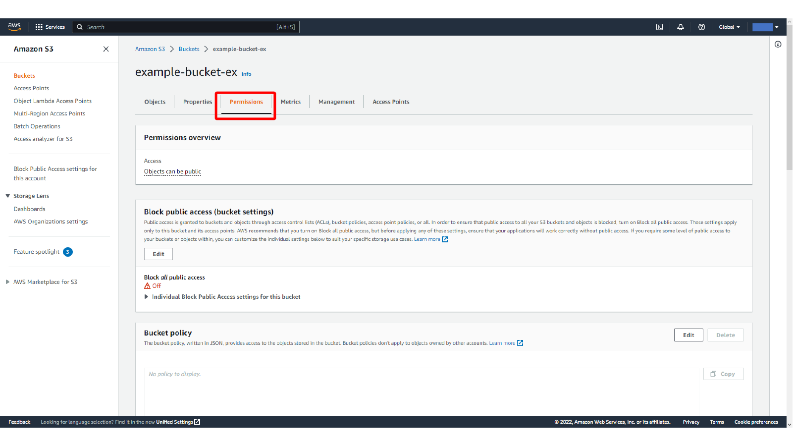Opening the Permissions tab of the S3 bucket