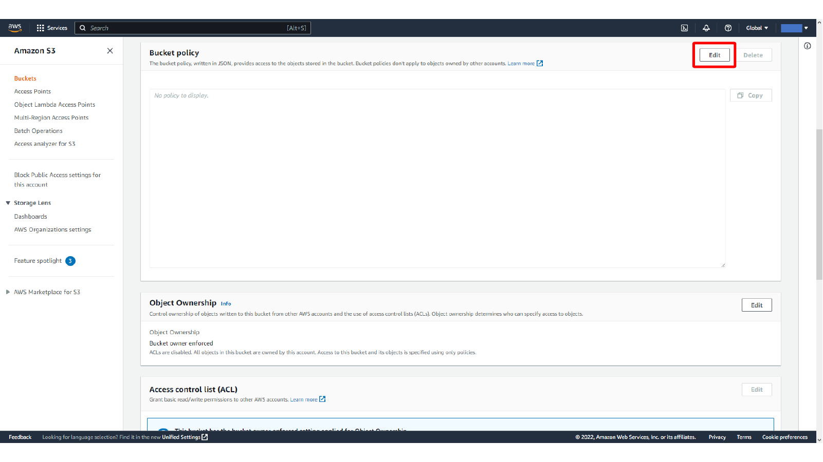 Opening the bucket policy editor for the public S3 bucket