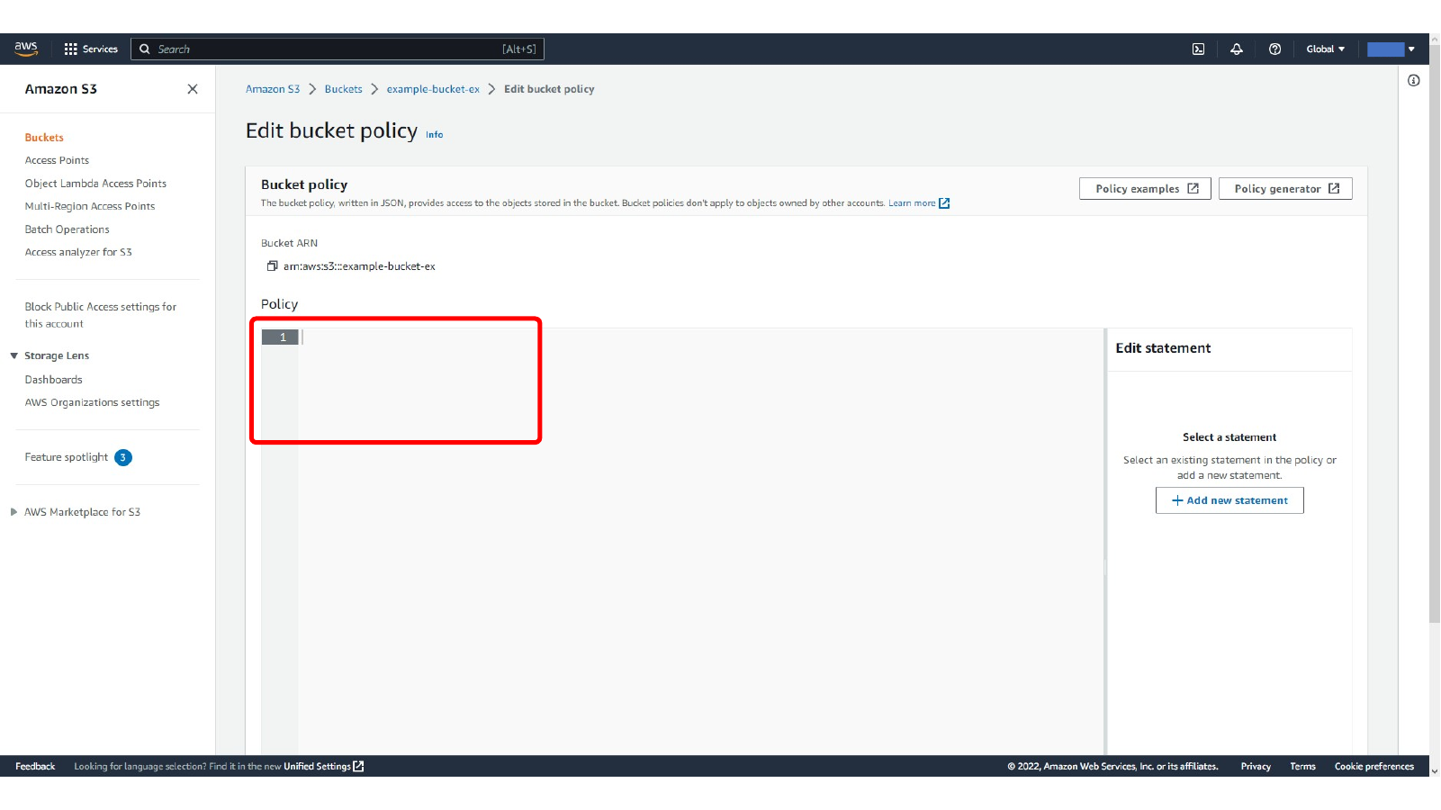 Opening the empty S3 bucket policy editor