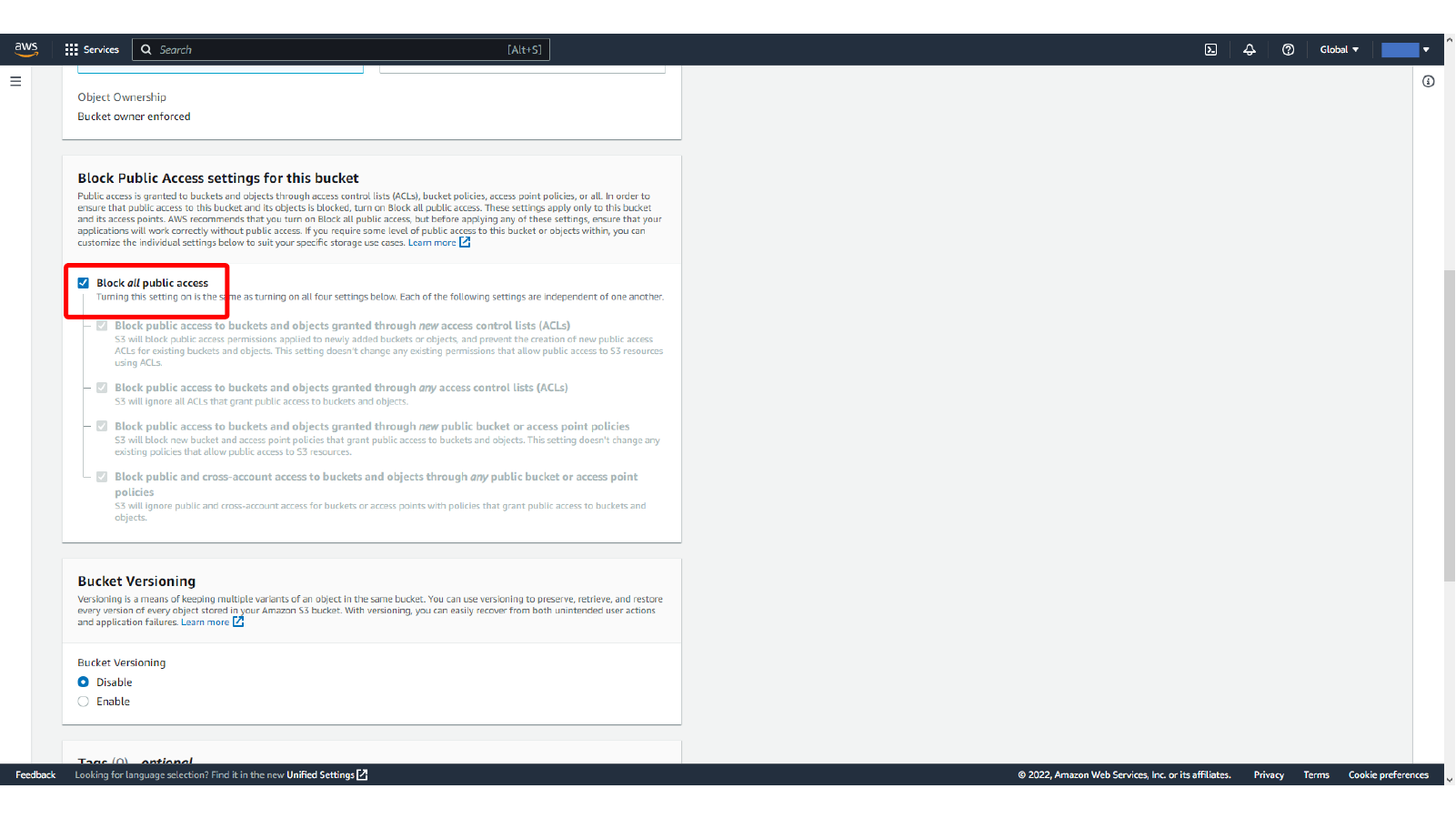 Keeping Block all public access enabled for the private S3 bucket