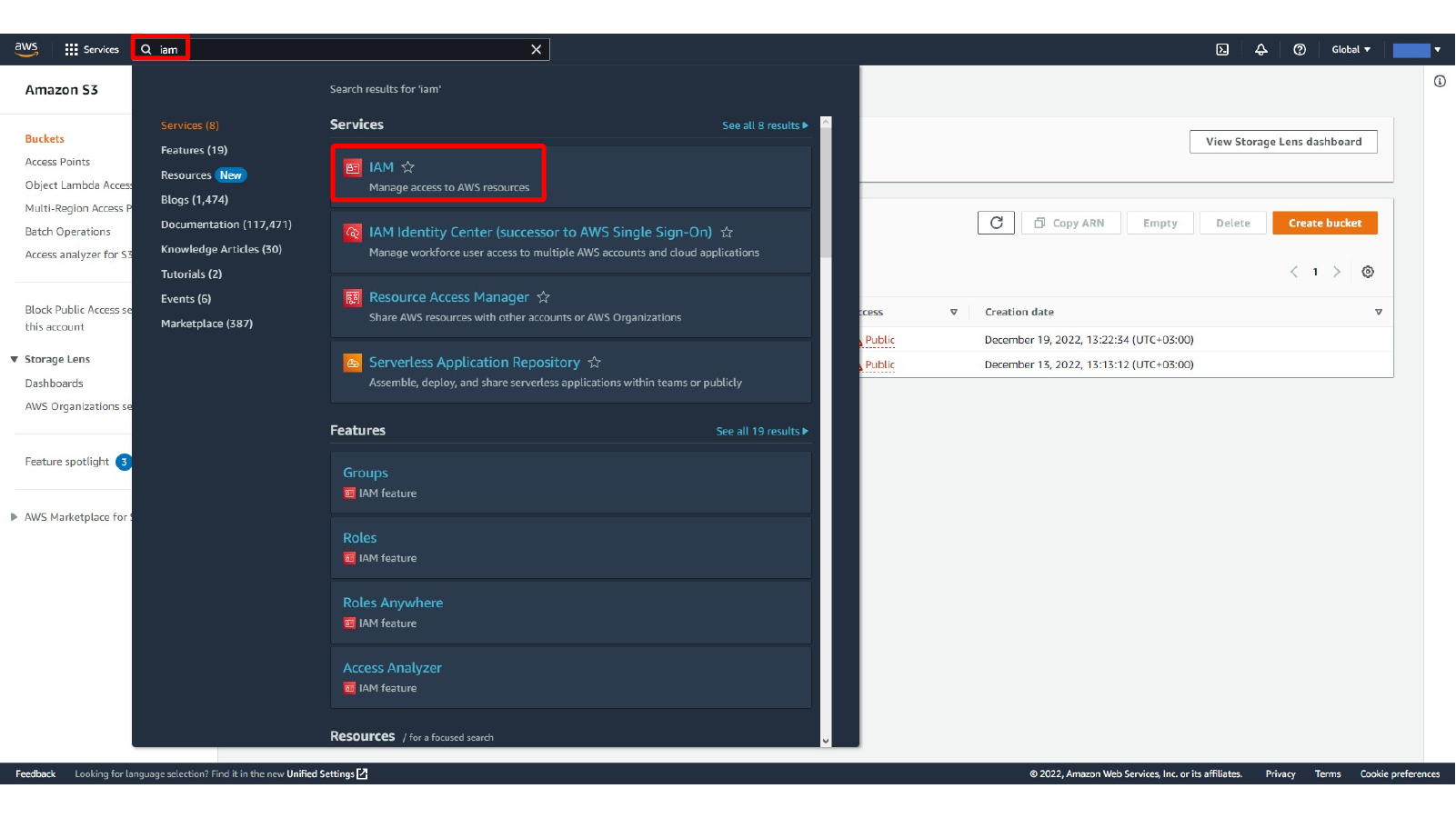 Opening the IAM service from the AWS Console search