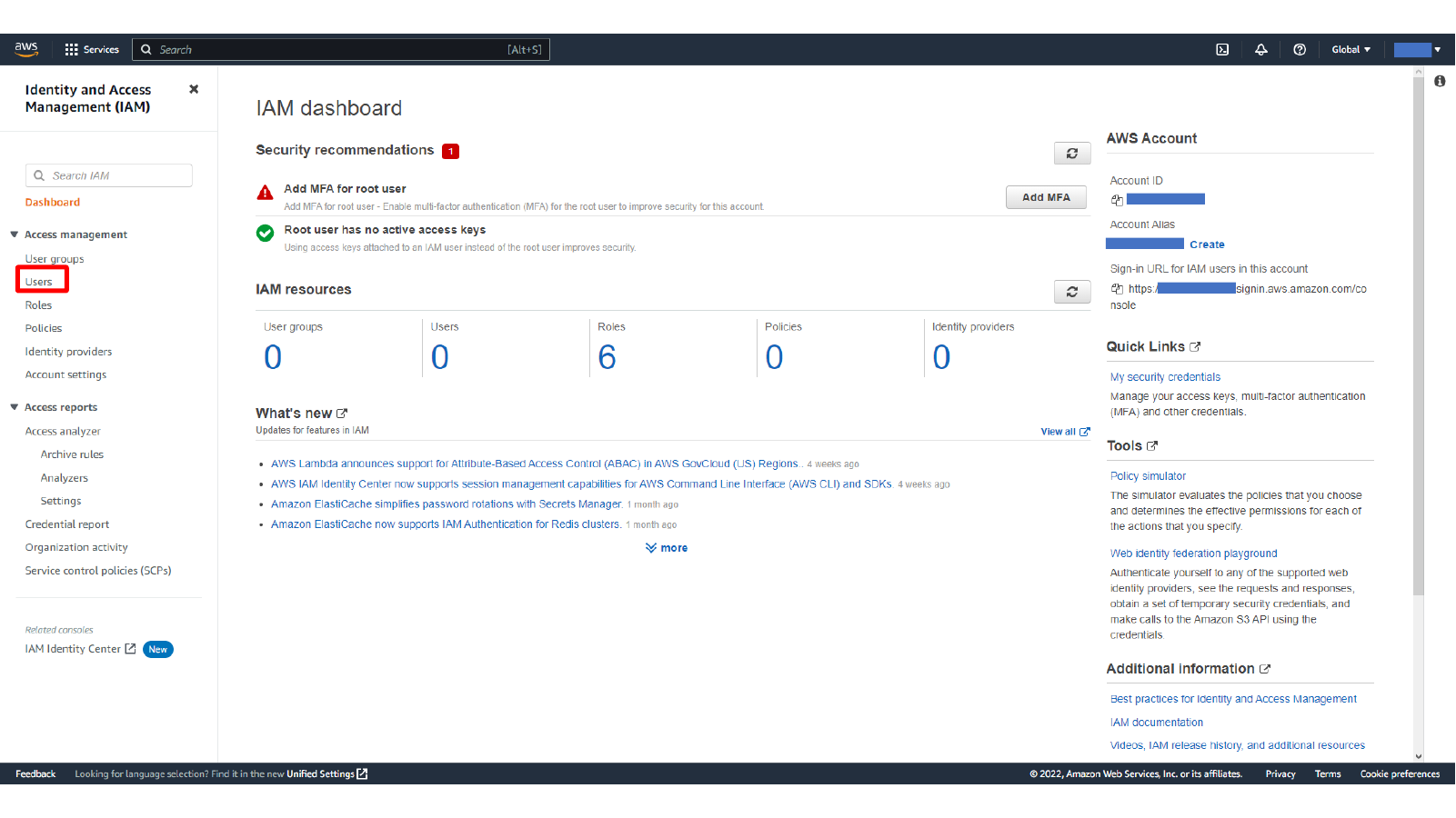 Opening the IAM Users page