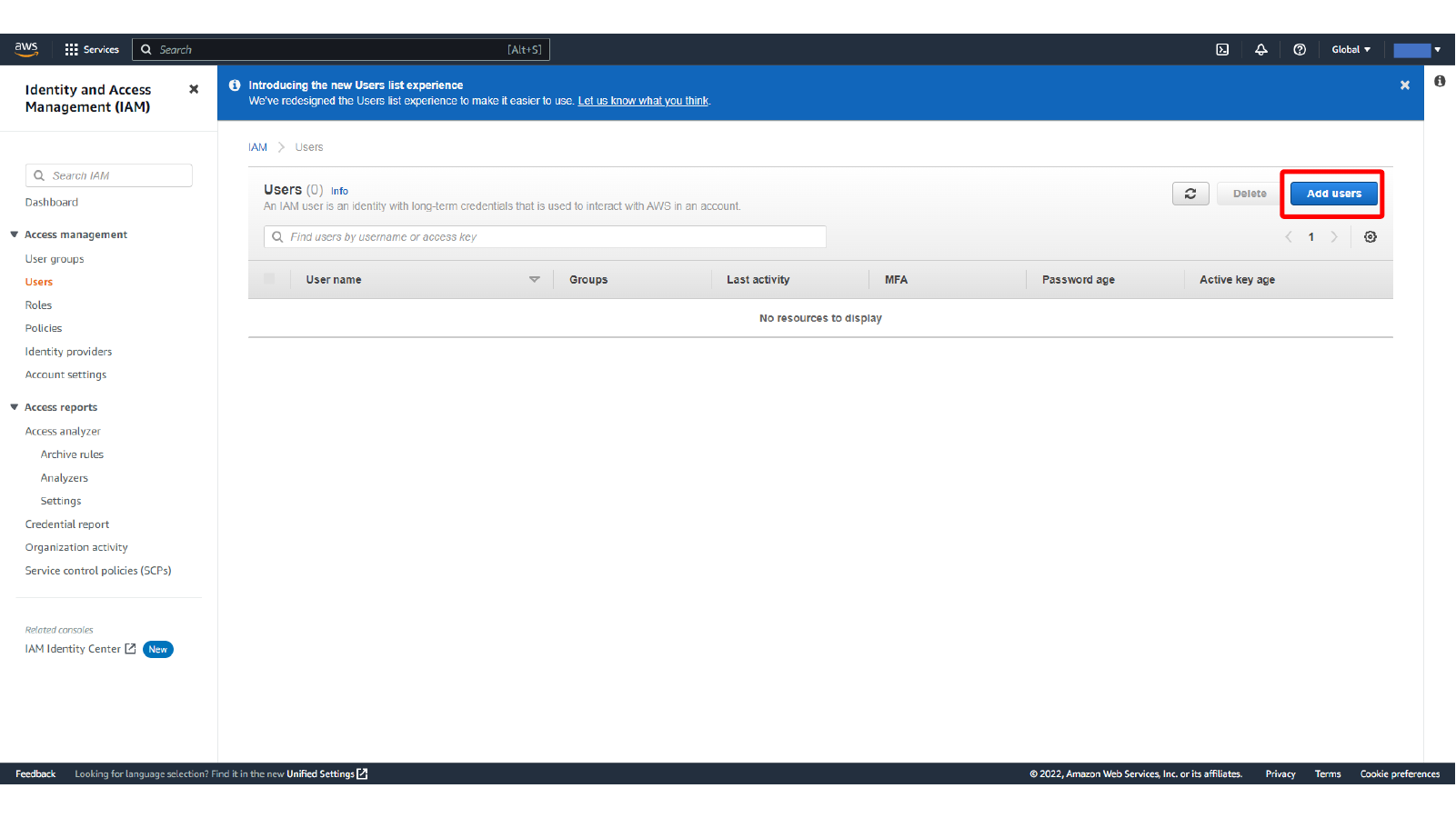 Starting the IAM Add users flow