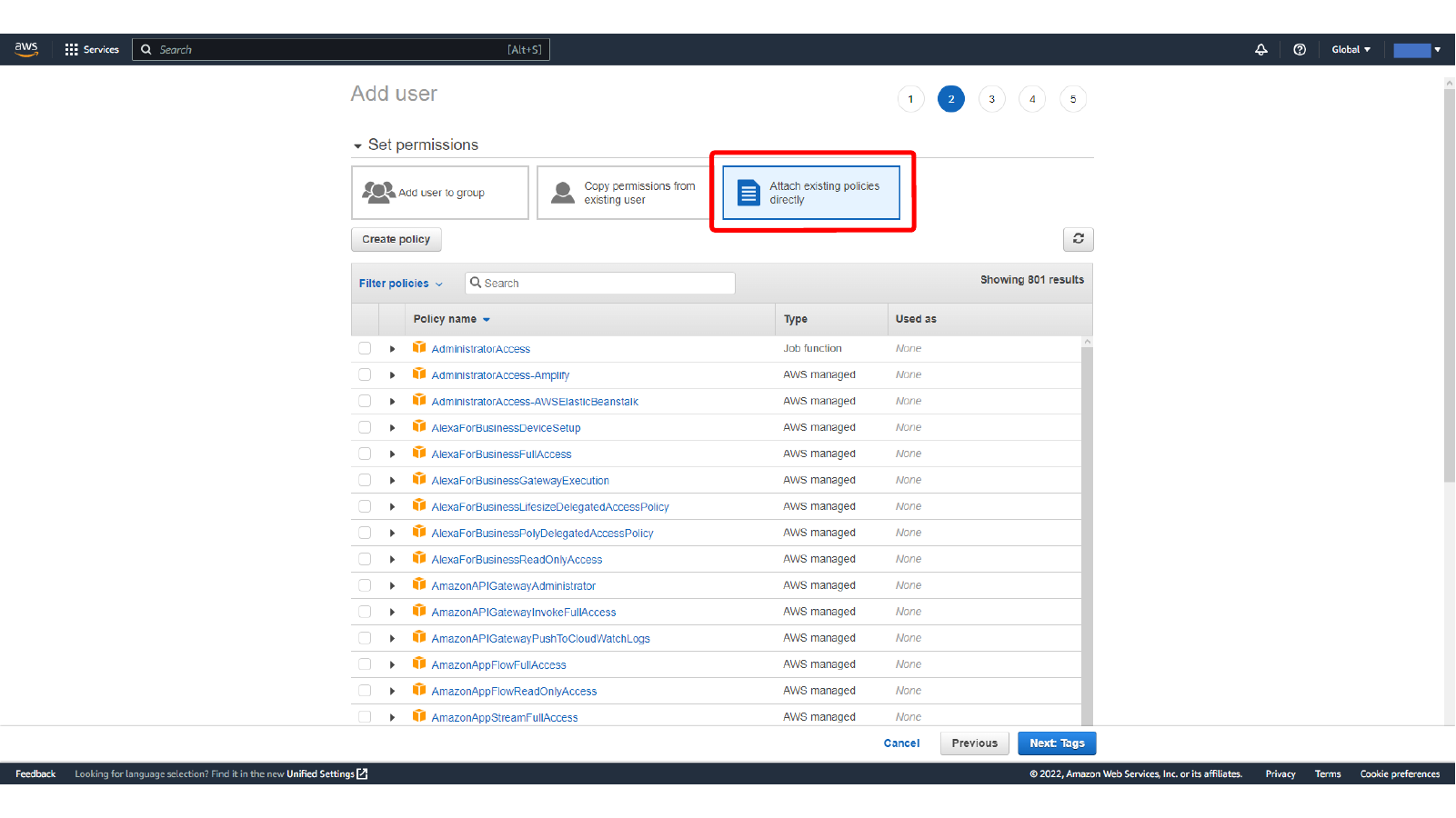 Choosing to attach existing IAM policies directly