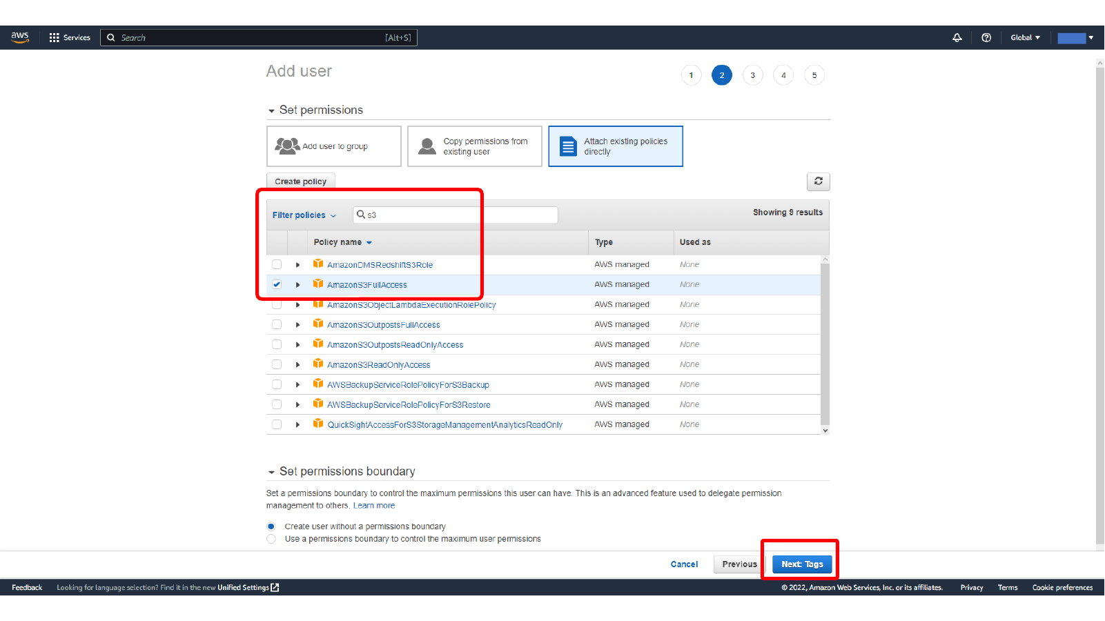 Selecting the AmazonS3FullAccess IAM policy for the demo user