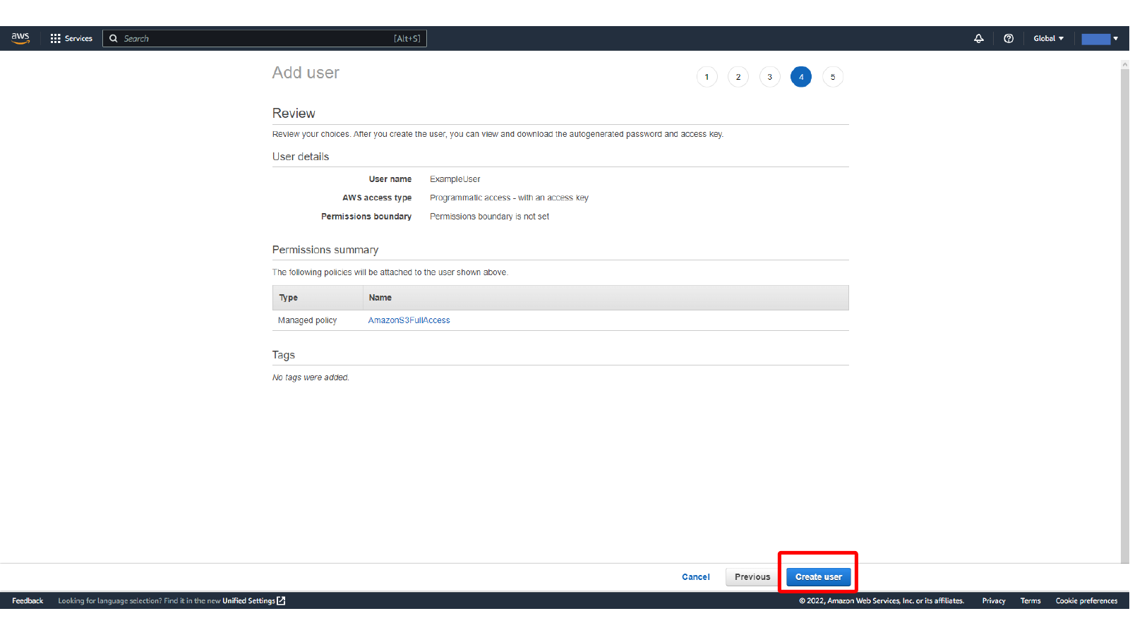 Reviewing the IAM user and attached S3 policy