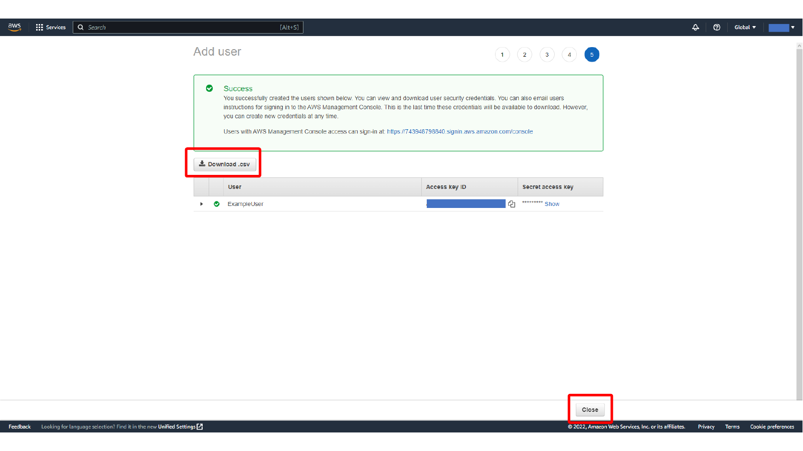 Downloading the generated IAM user credentials
