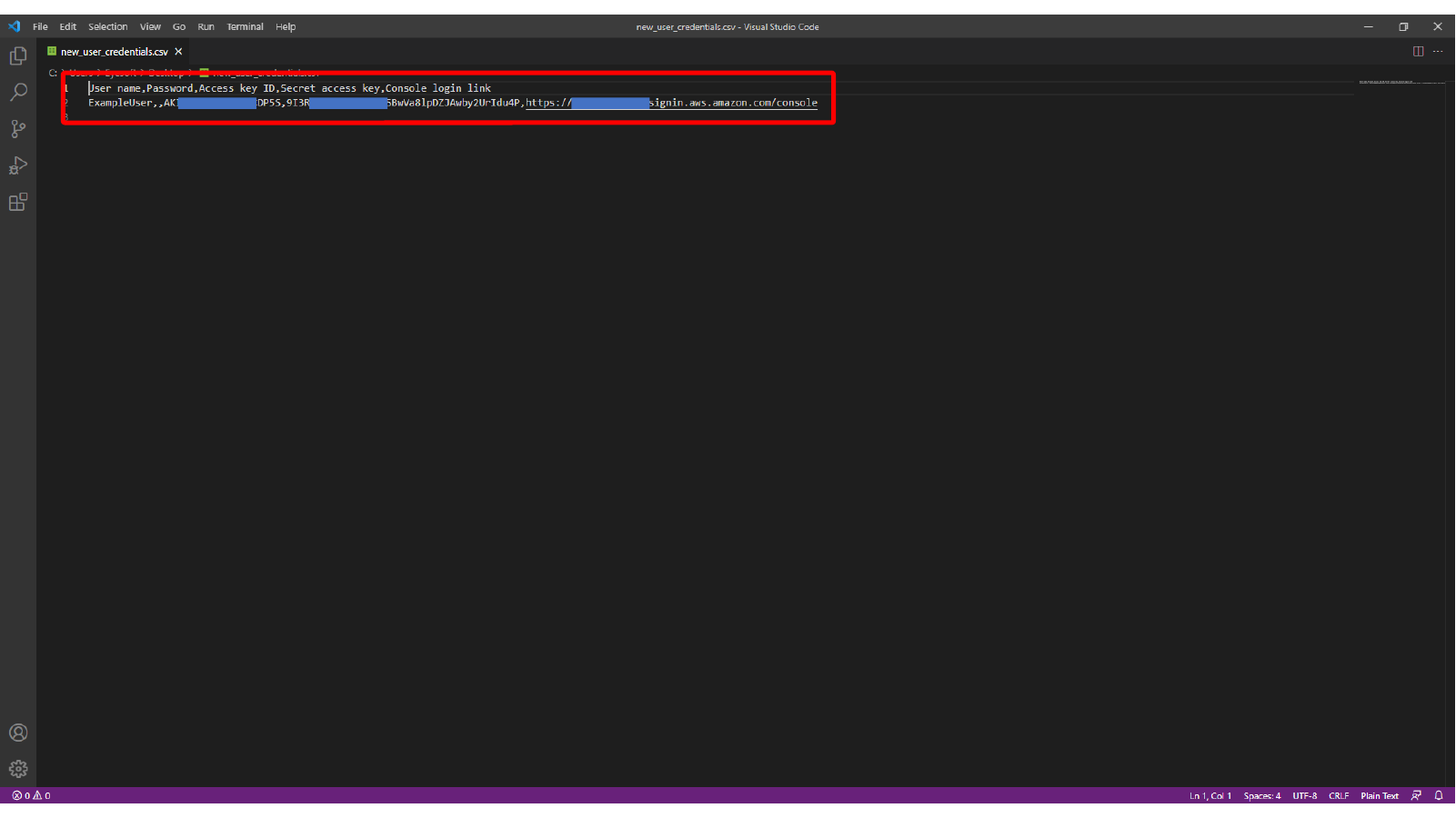 Viewing the IAM access key CSV file with sensitive values hidden