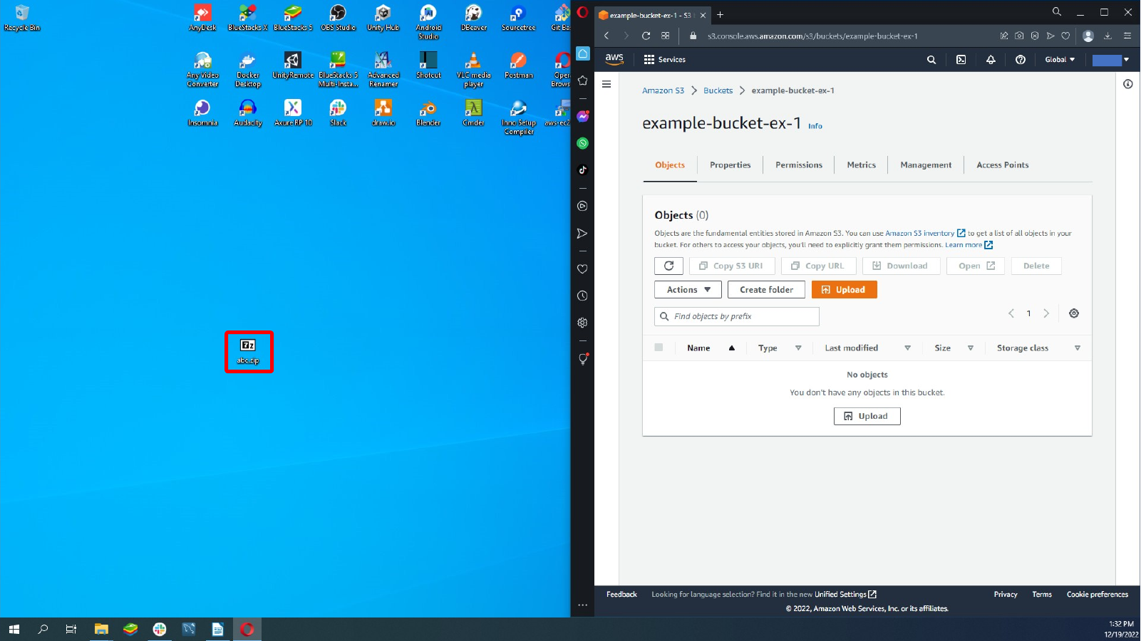 Preparing a zip file and opening an empty S3 bucket