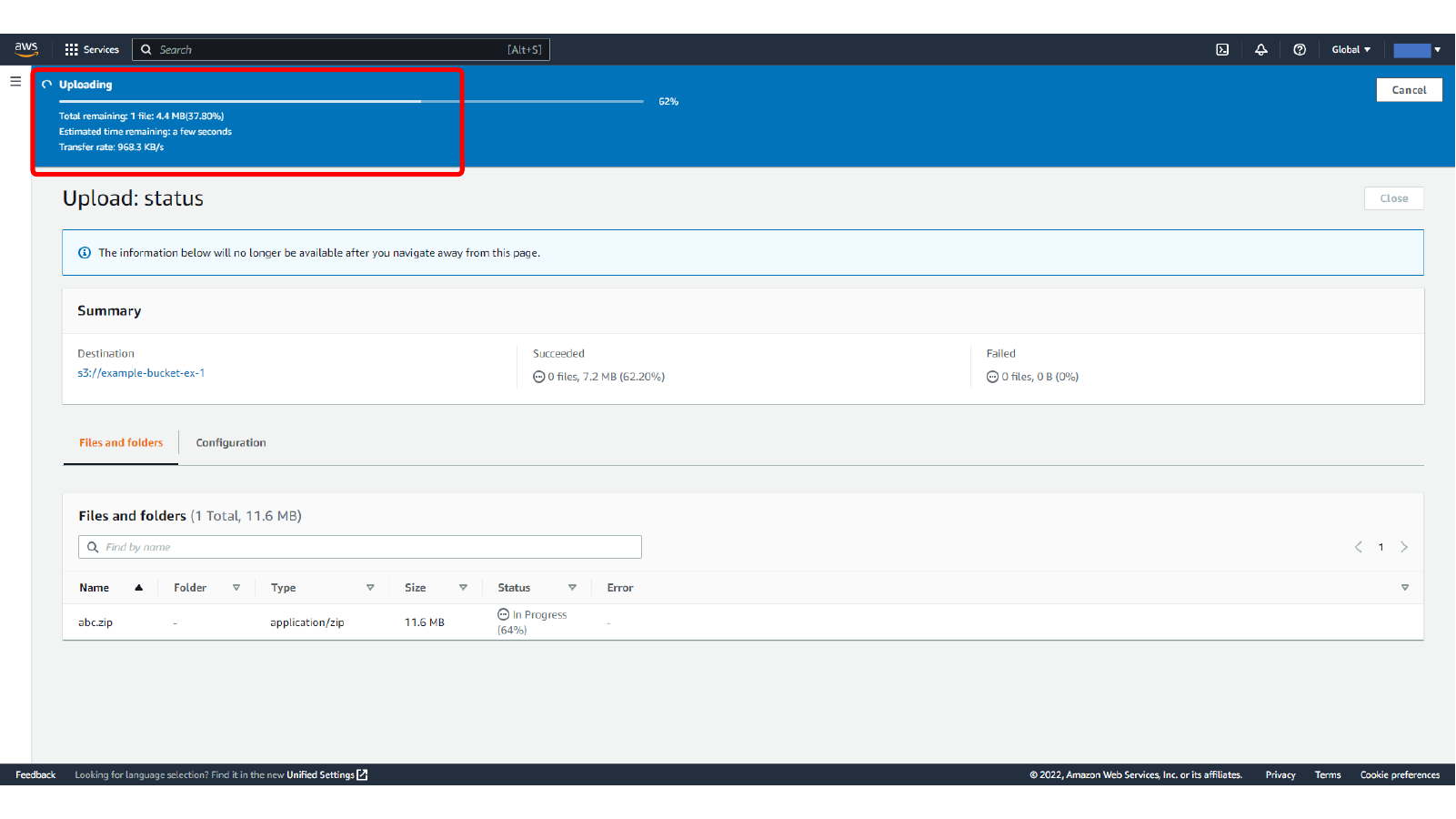 Viewing the uploaded zip object in the S3 bucket