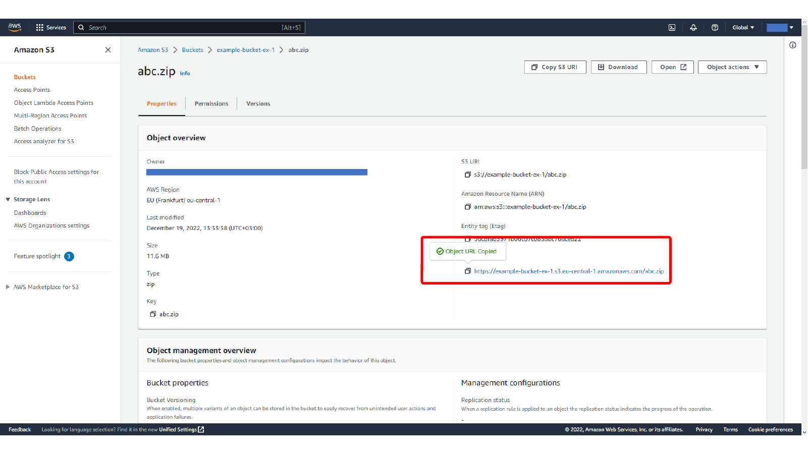 Copying or opening the public S3 object URL