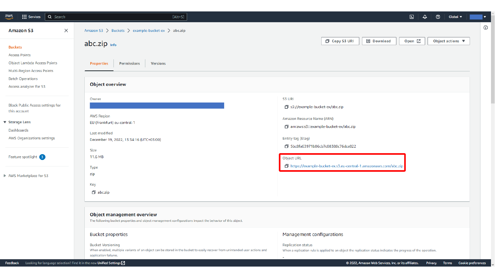 Checking the object URL for the uploaded S3 file