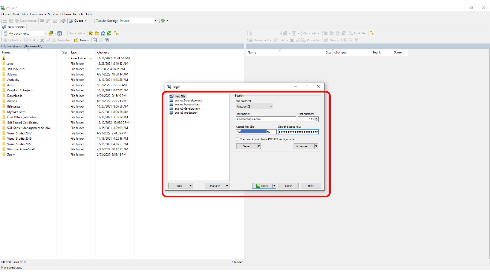 Configuring an Amazon S3 connection in WinSCP with IAM credentials