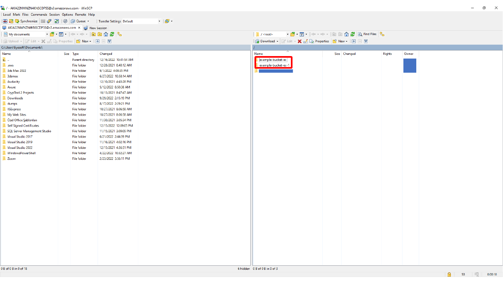 Viewing accessible S3 buckets inside WinSCP