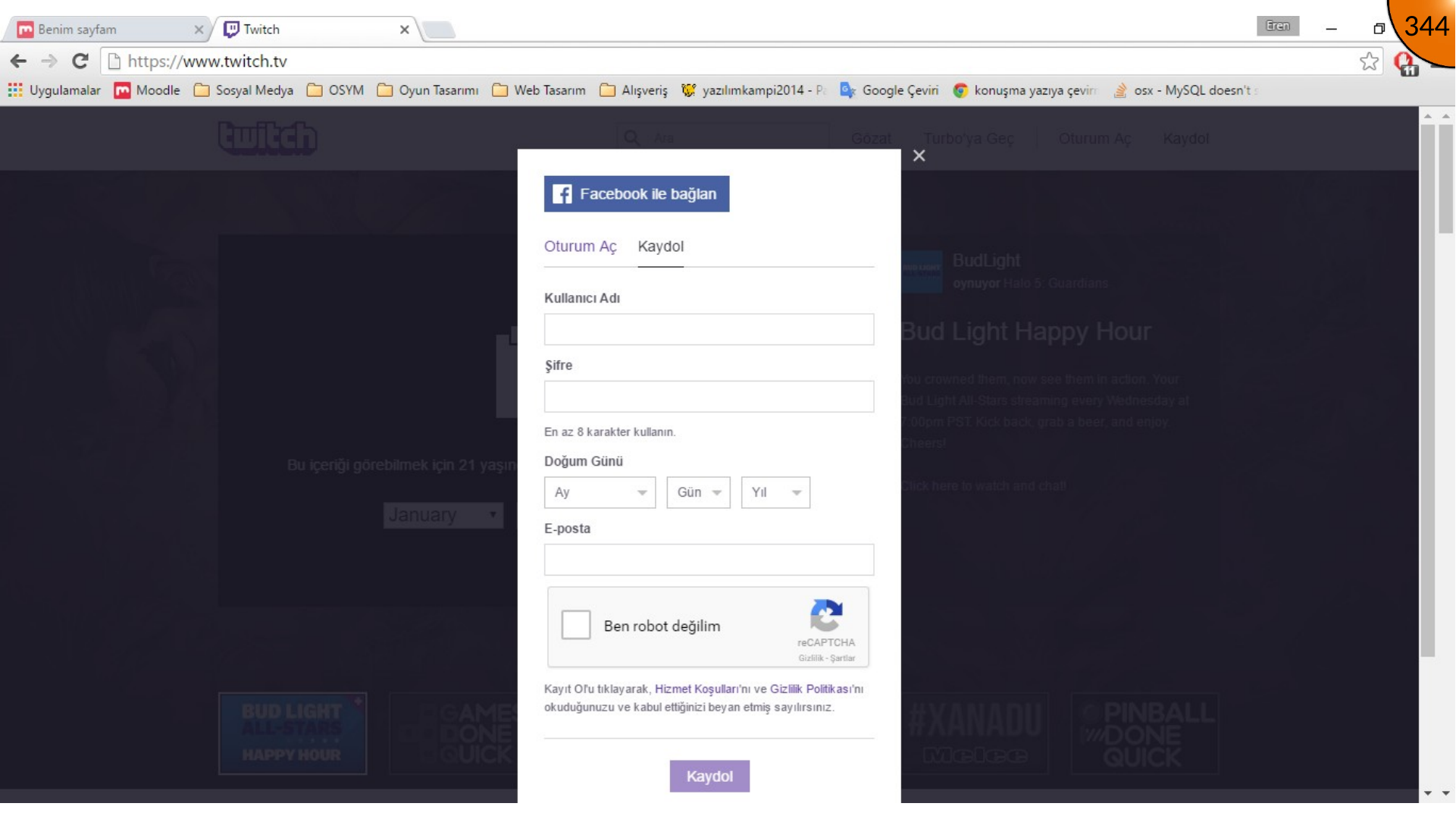 Completing Twitch account sign up form