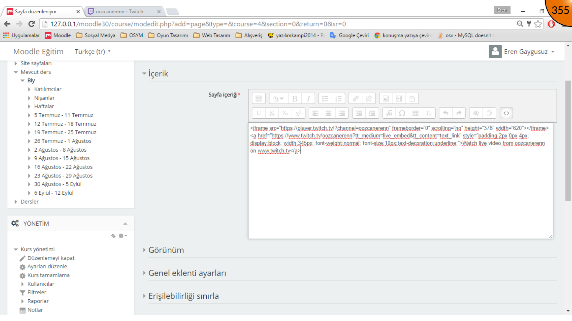 Saving Moodle page with Twitch embed