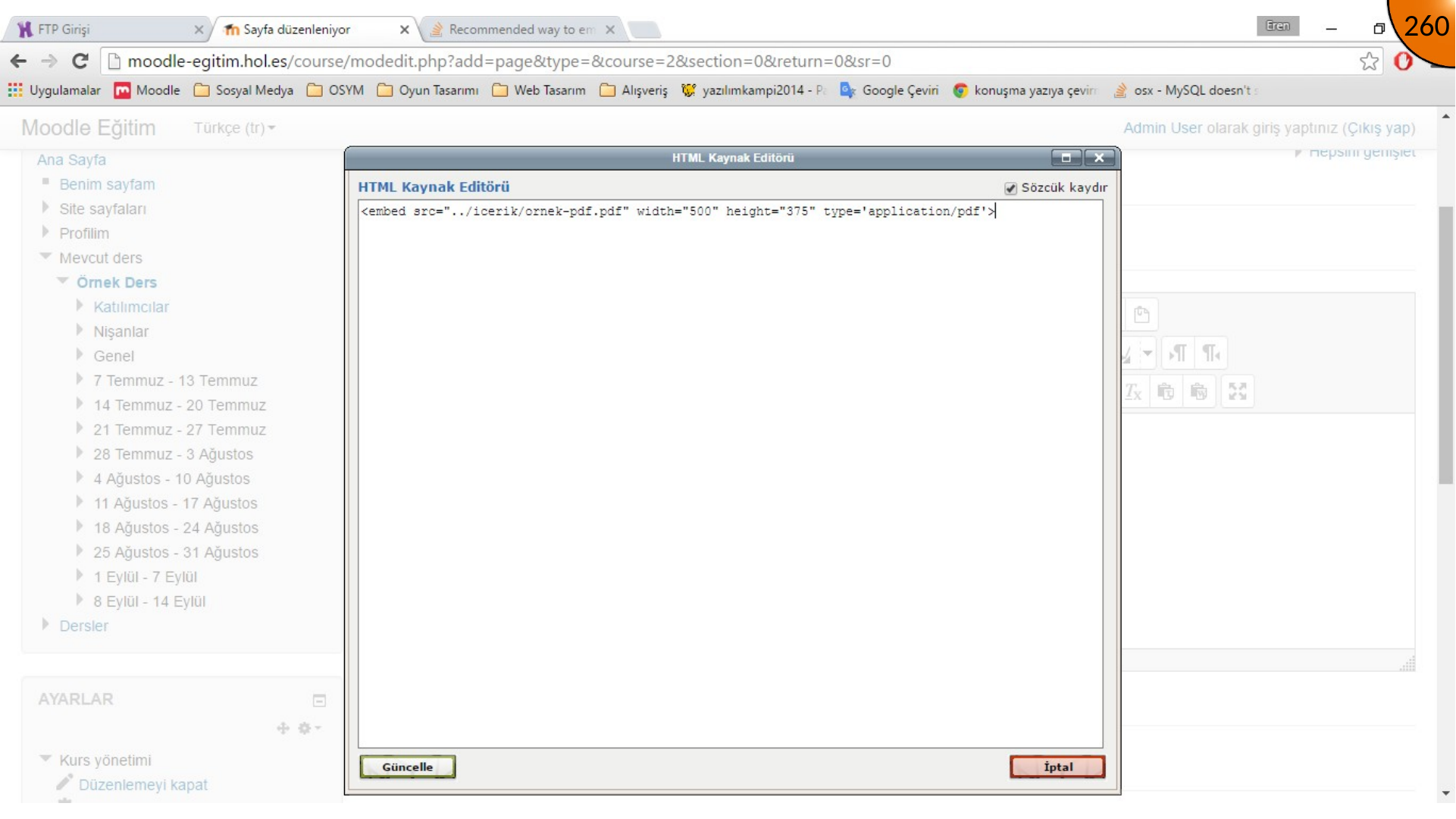 Adding PDF embed markup in Moodle HTML editor