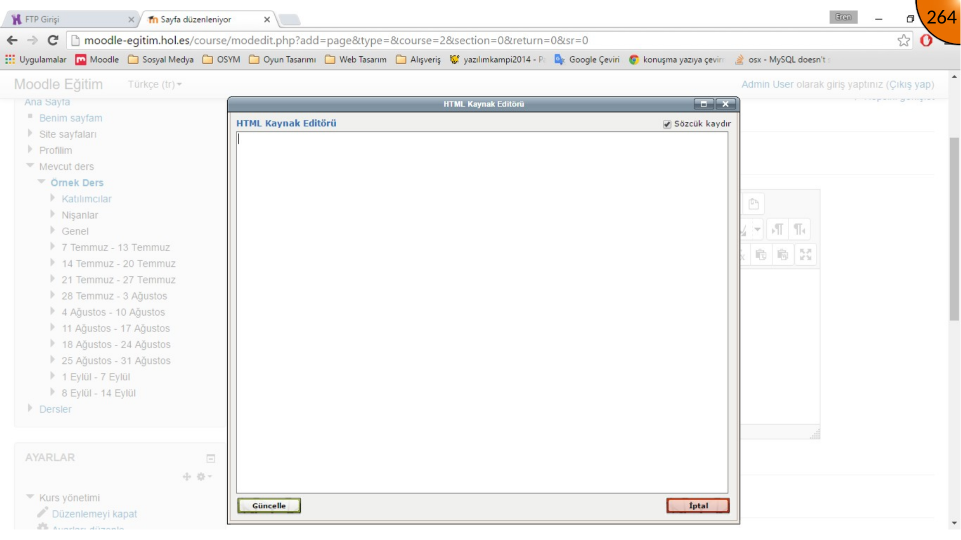 Opening Moodle HTML mode for video page
