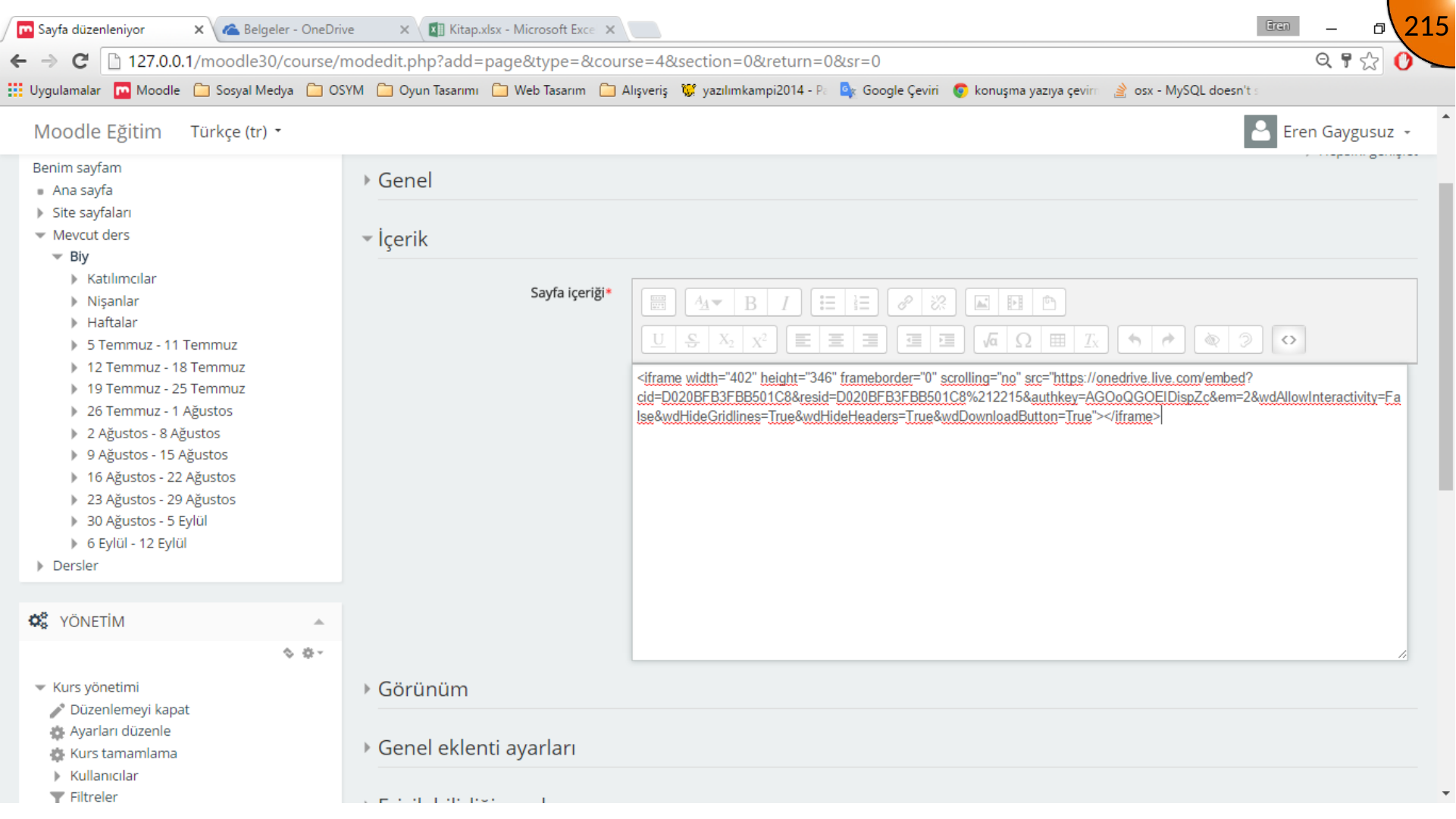 Adding Excel embed code to Moodle Page