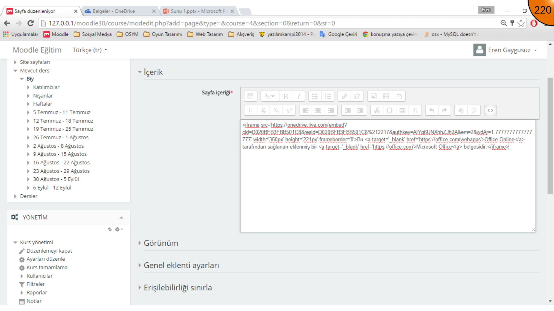 Adding PowerPoint embed code to Moodle Page