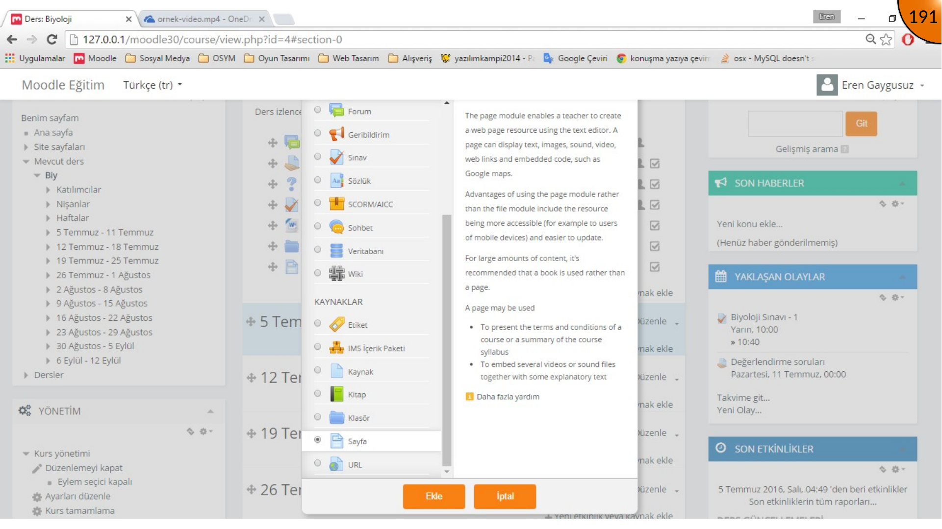 Selecting Moodle Page resource