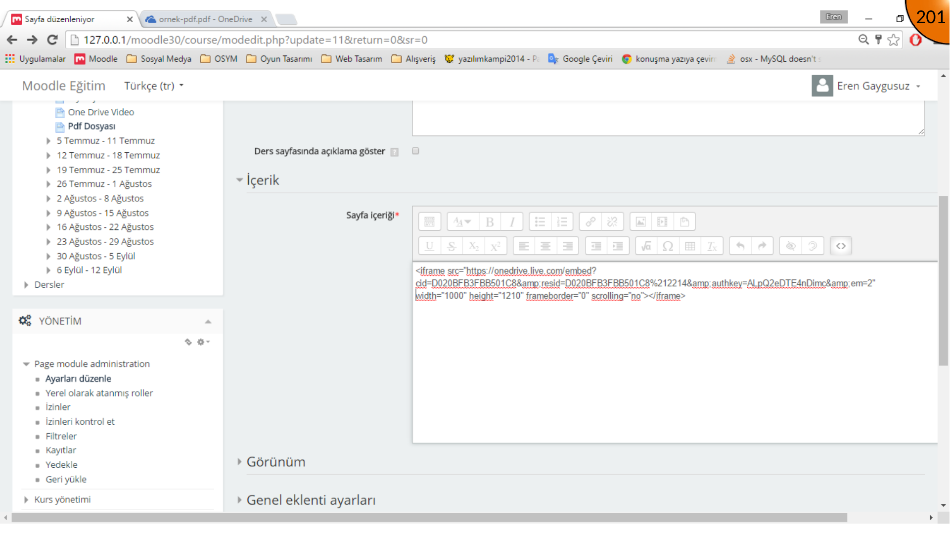 Editing PDF embed width and height in Moodle HTML mode