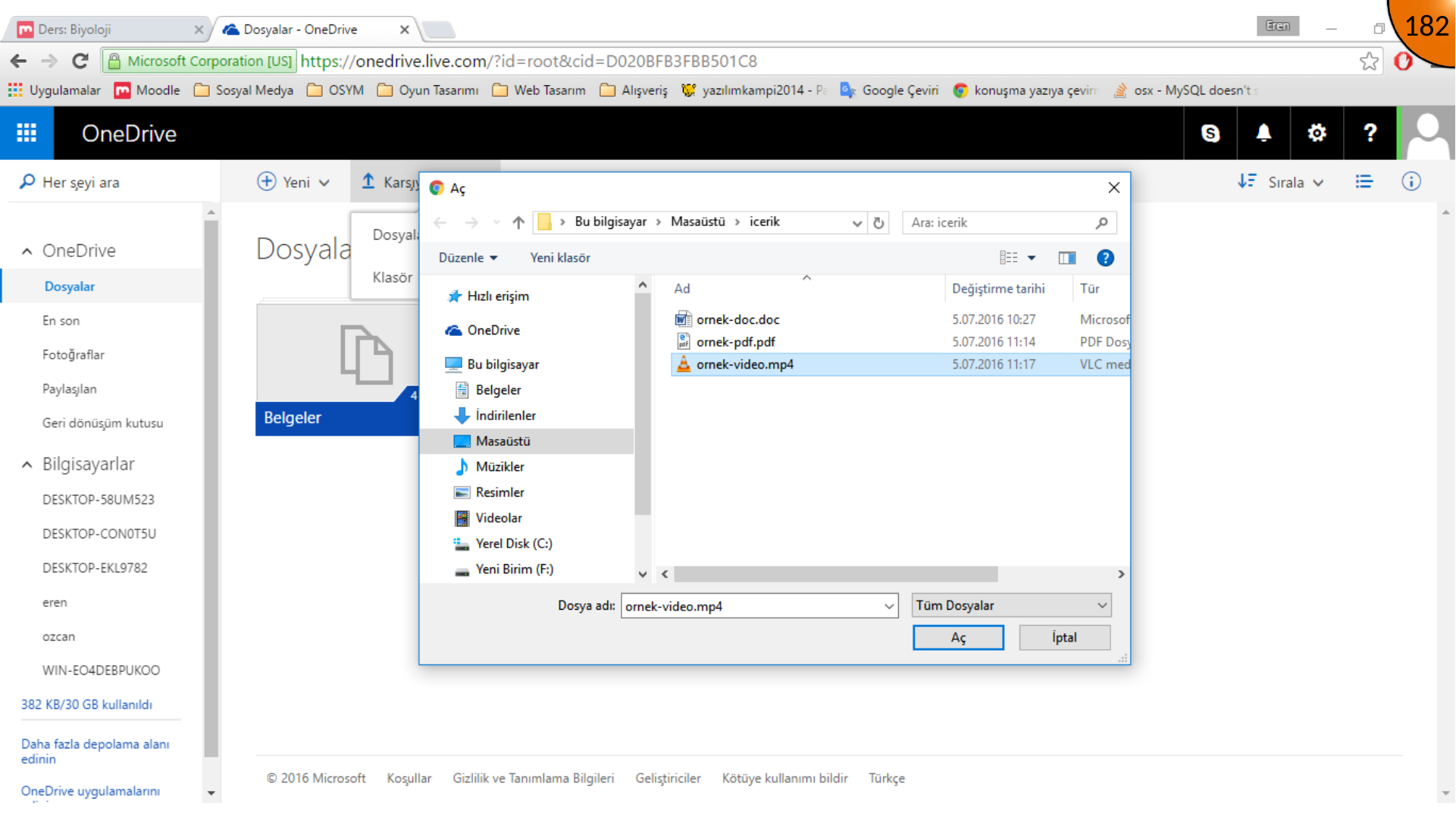 Selecting a video file for OneDrive upload