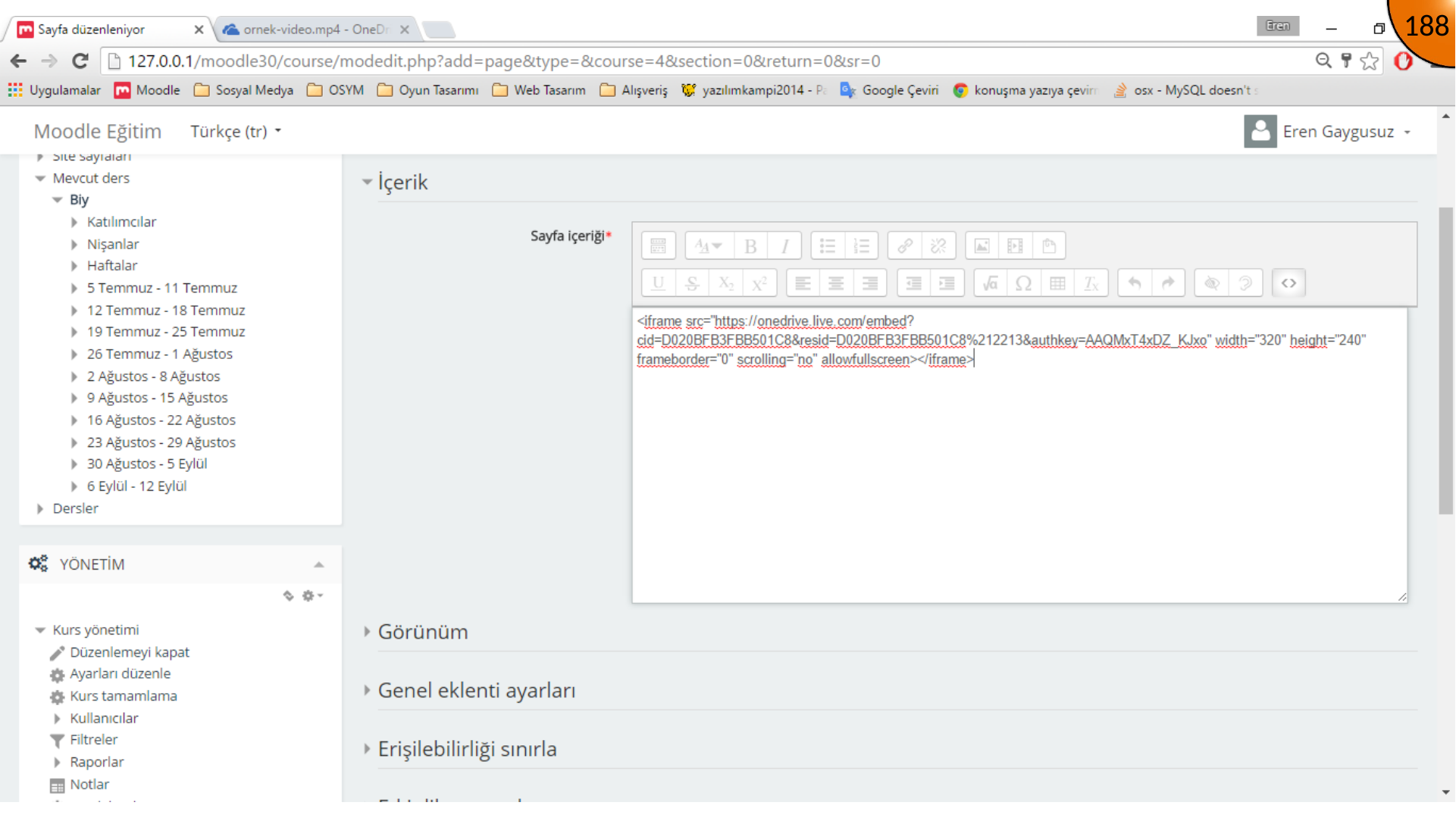 Pasting OneDrive embed code into Moodle HTML editor