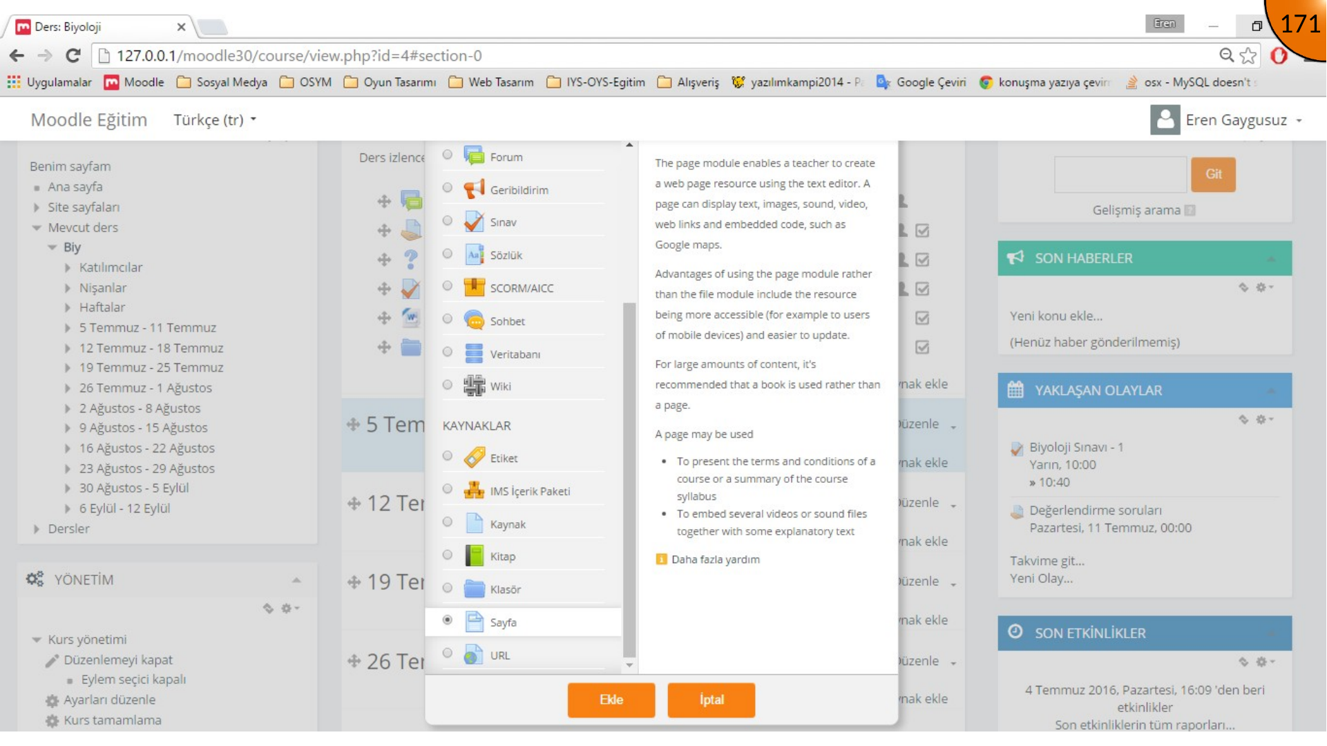 Selecting Moodle Page resource for embedded content