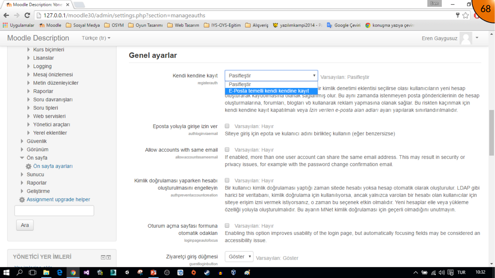 Selecting email-based self-registration in Moodle
