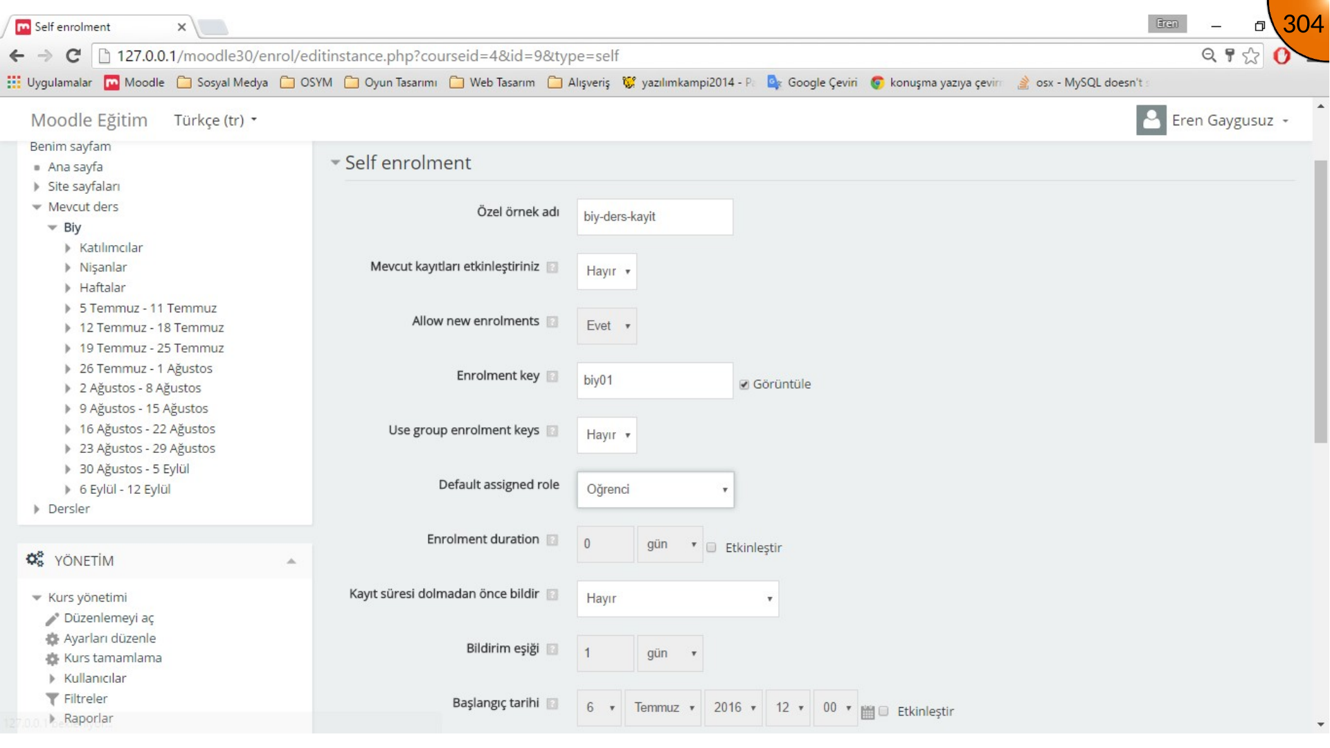 Entering Moodle self enrolment key