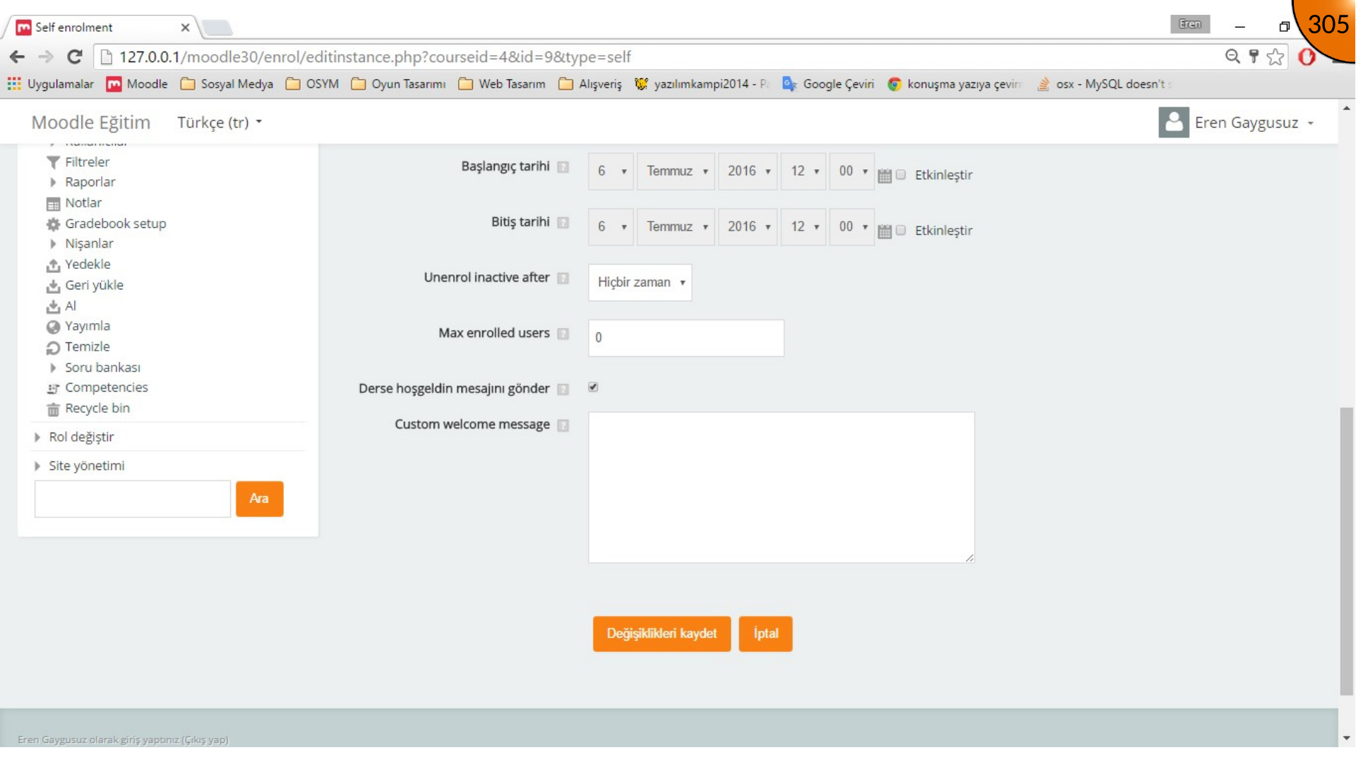 Setting self enrolment key availability dates