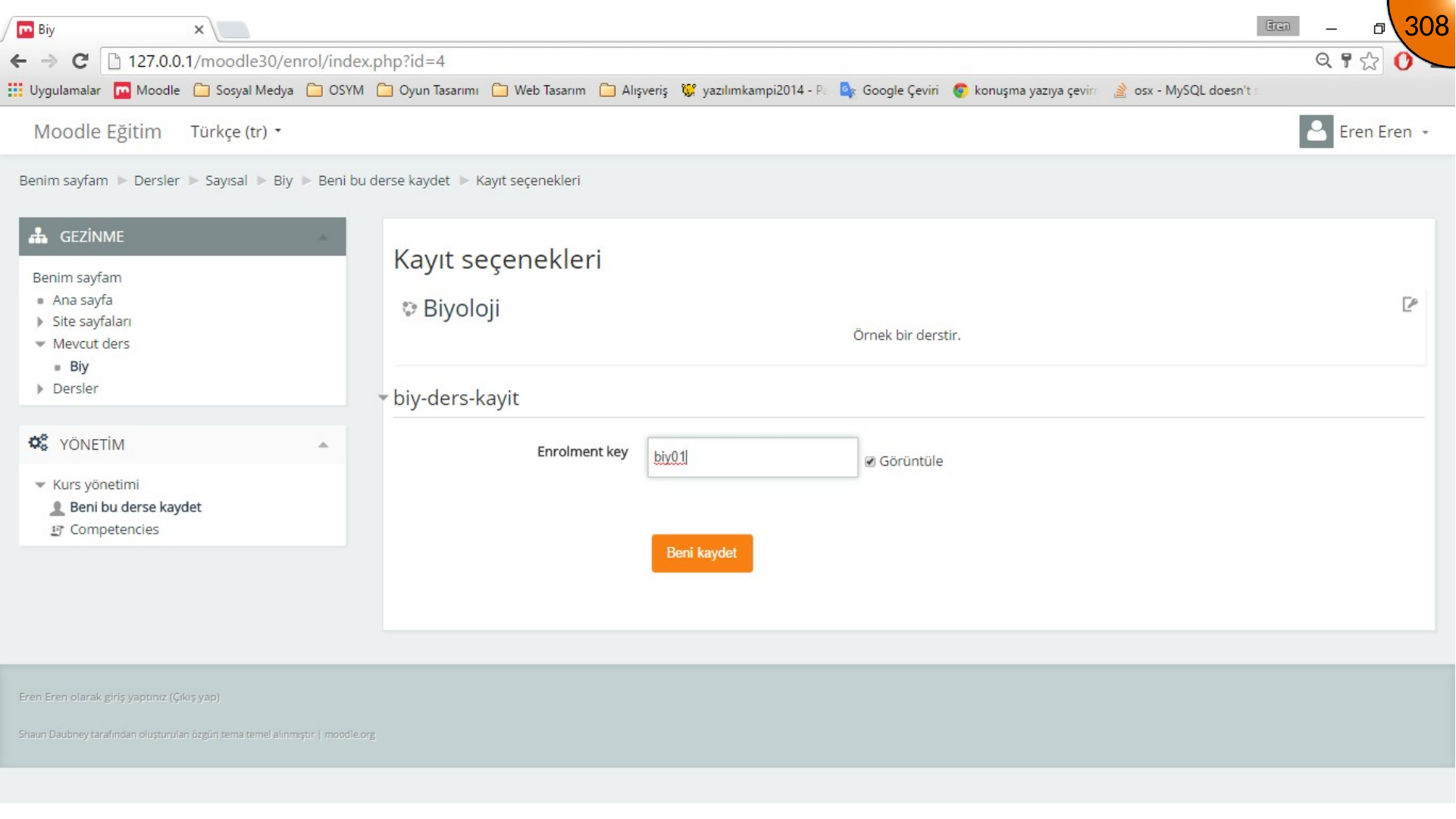 Student entering Moodle course enrolment key