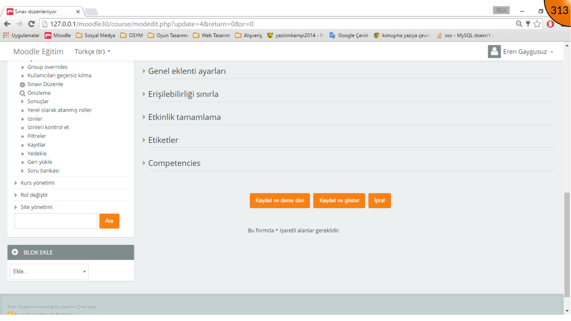 Saving Moodle quiz settings and returning to course