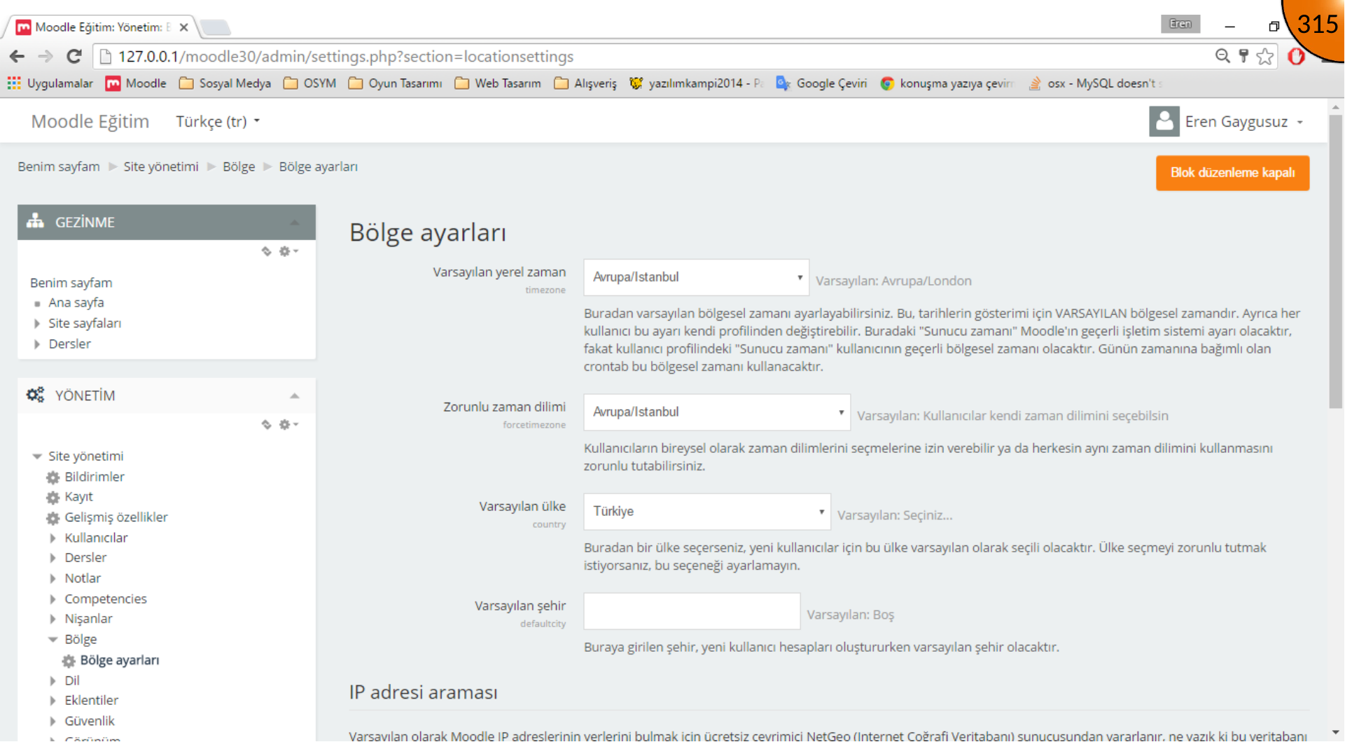Setting Europe Istanbul time zone and Turkey country in Moodle